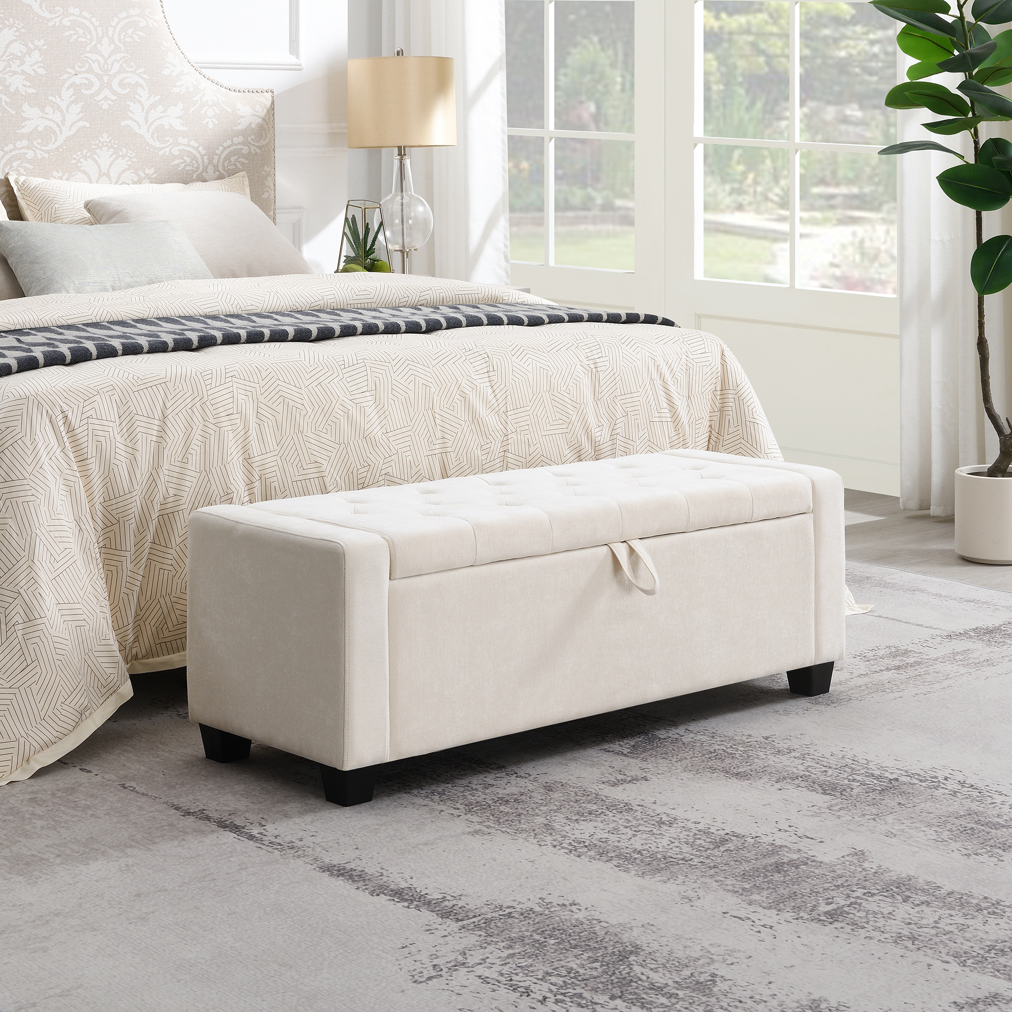 48  Ottoman With Storage, Storage Ottoman Bench With Safety Hinge, Upholstered Entryway Bench With Seating For Bedroom, Living Room, Hold Up To 350 Lb, Beige
