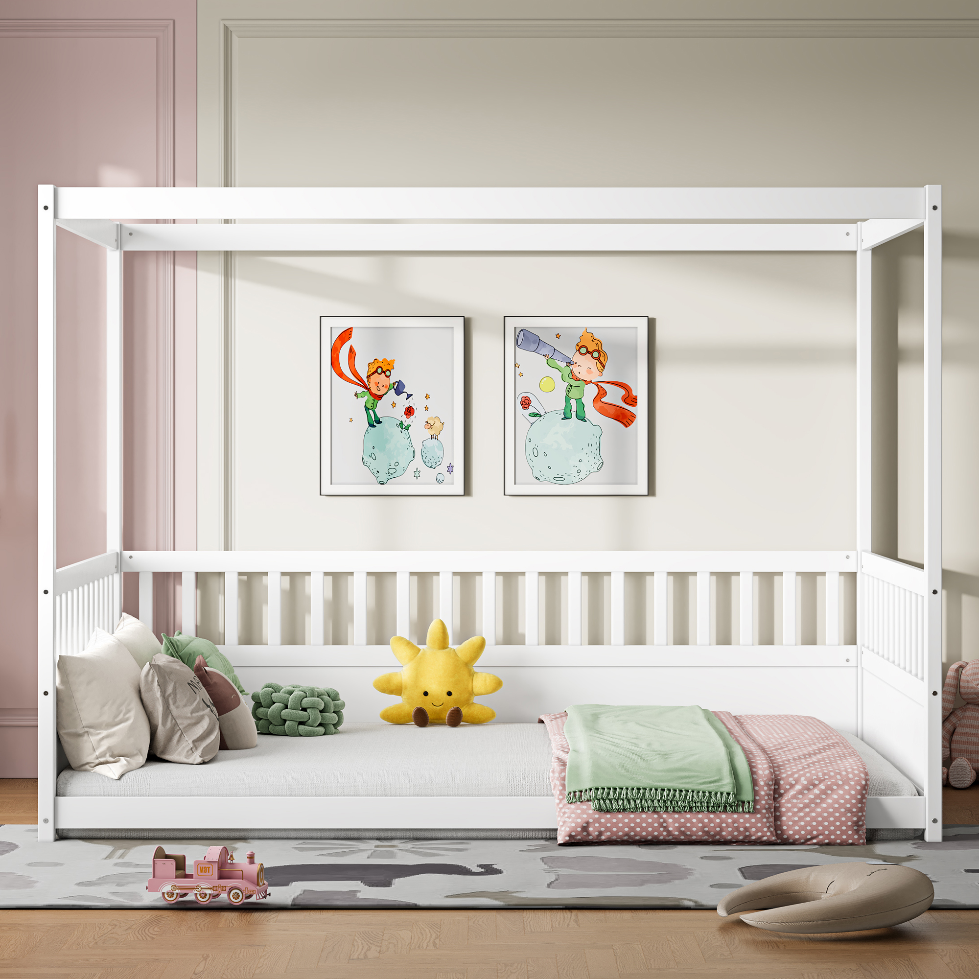 Full Size Canopy Bed Frame With Guardrails For Kids,Floor Bed Full With Four Poster Design,Kids Montessori Floor Bed,Wood Canopy Bed Frame For Girls,Boys Full,White