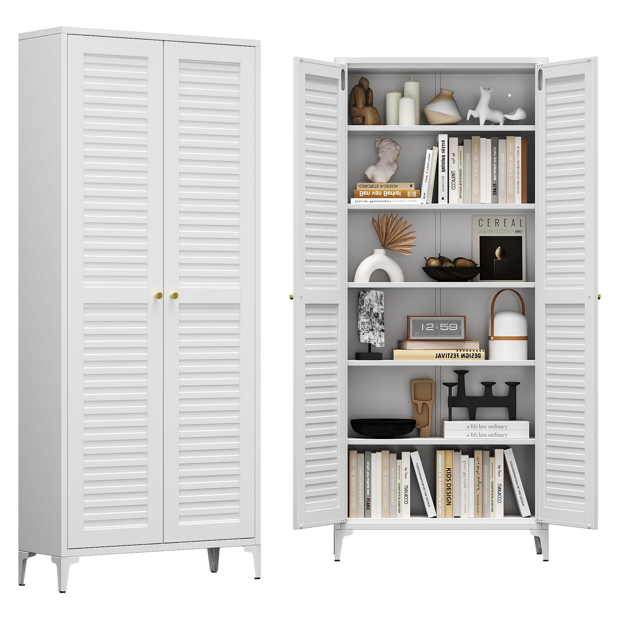 Gabinete de despensa de metal de 74 pulgadas de alto con 5 estantes, blanco