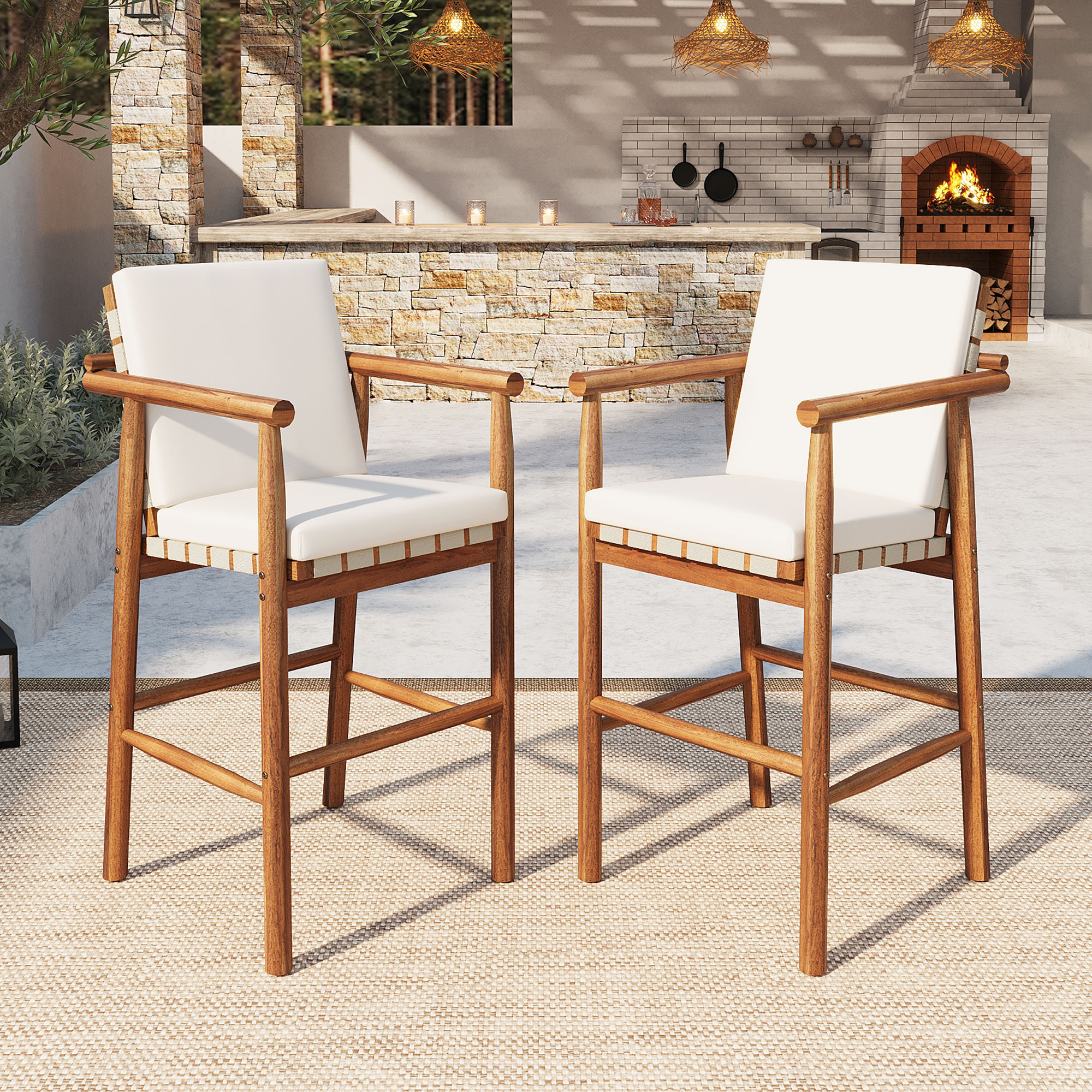 Taburetes de Bar de Exterior (Juego de 2), Madera de Acacia, Respaldo, Cojines Beige