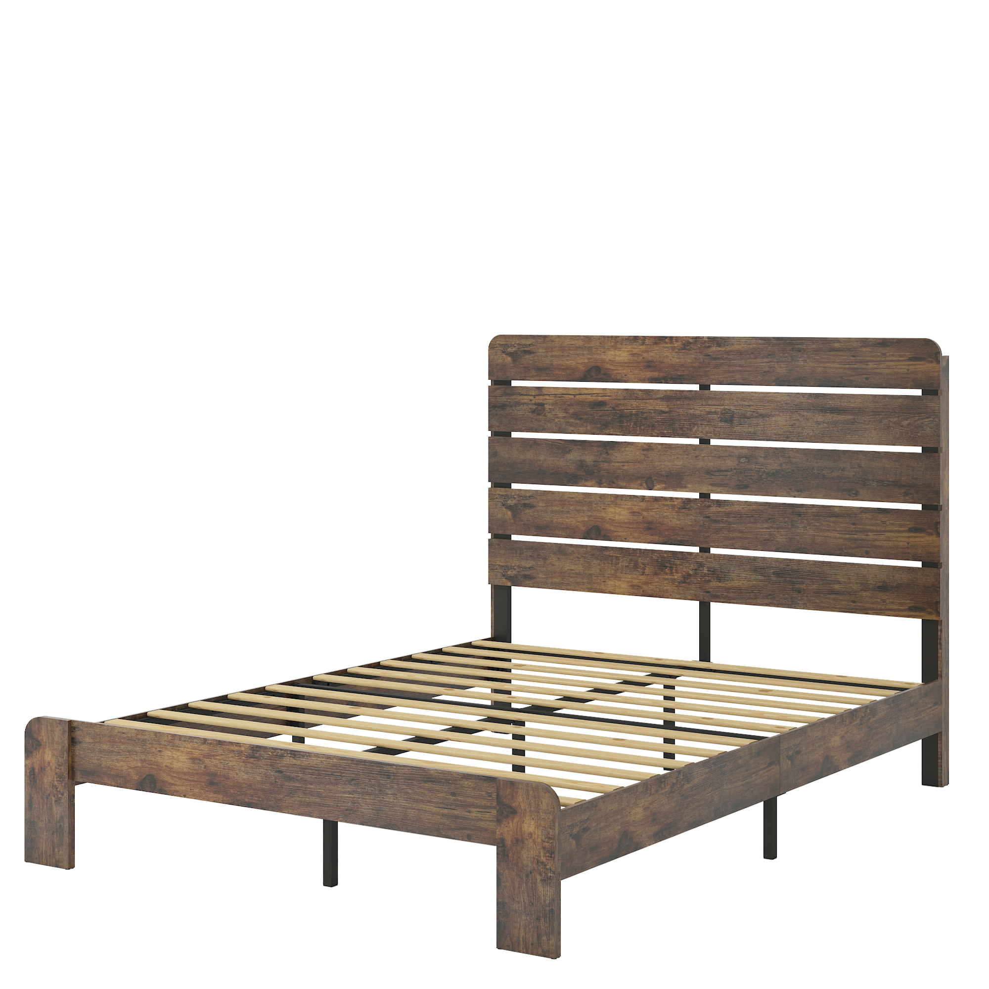 Base de cama Queen de plataforma de madera con almacenamiento, marrón oscuro