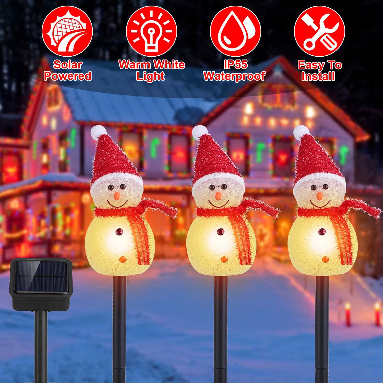 1Pc Solar Powered Lamp 3 Snowmen Outdoor Decorative Christmas Lamp Garden Stake Light IP55 Waterproof Santa Landscape Light Warm White LED Lighting Pathway Yard Patio