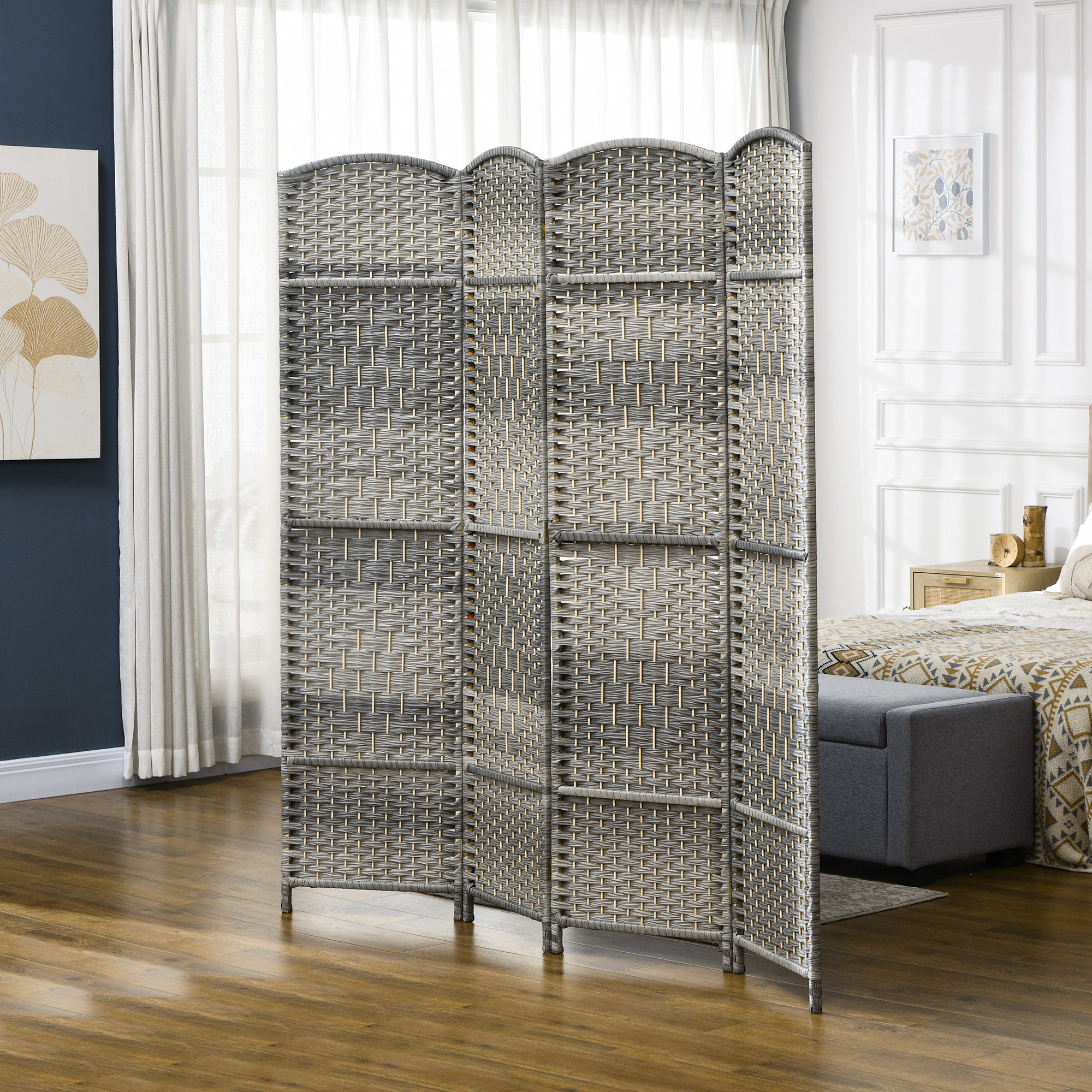 Folding Room Divider Screen 4 Panel 6 Tall Privacy Screen Freestanding Wood Partition for Home Office, Mixed Gray