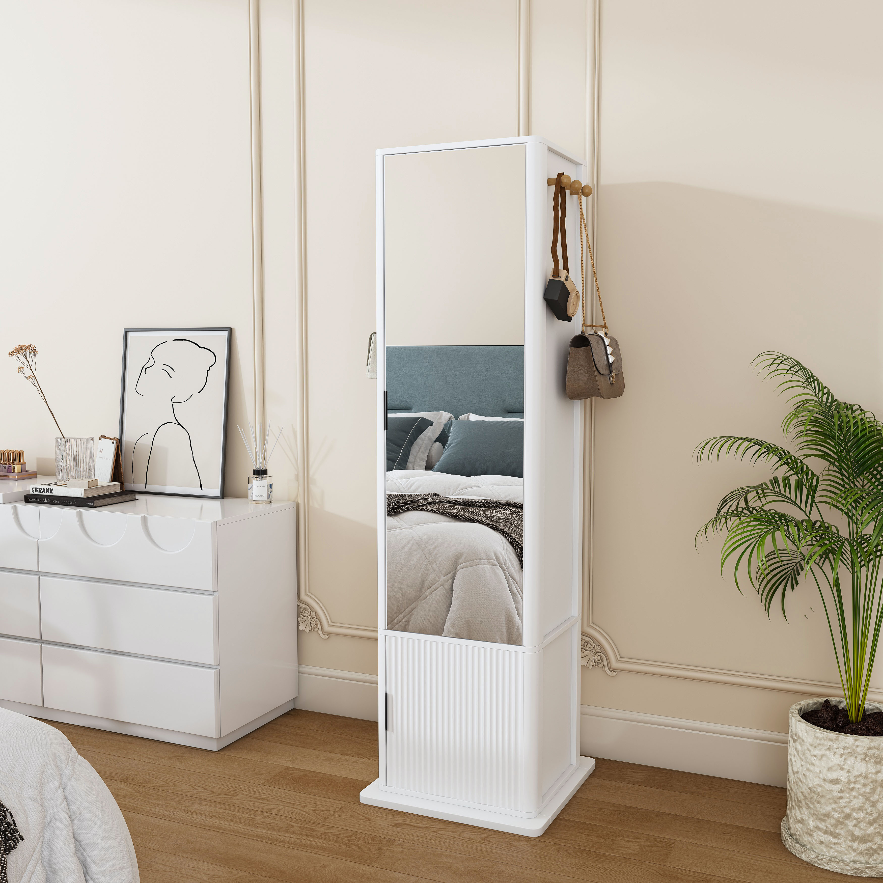 360  Rotating Makeup Cabinet  Jewelry Cabinet With A Full-length Mirror  Standing Storage Cabinet With A Coat Rack  4 Layers Of Open Shelves And 2 Layers Of Built-in Shelves  White