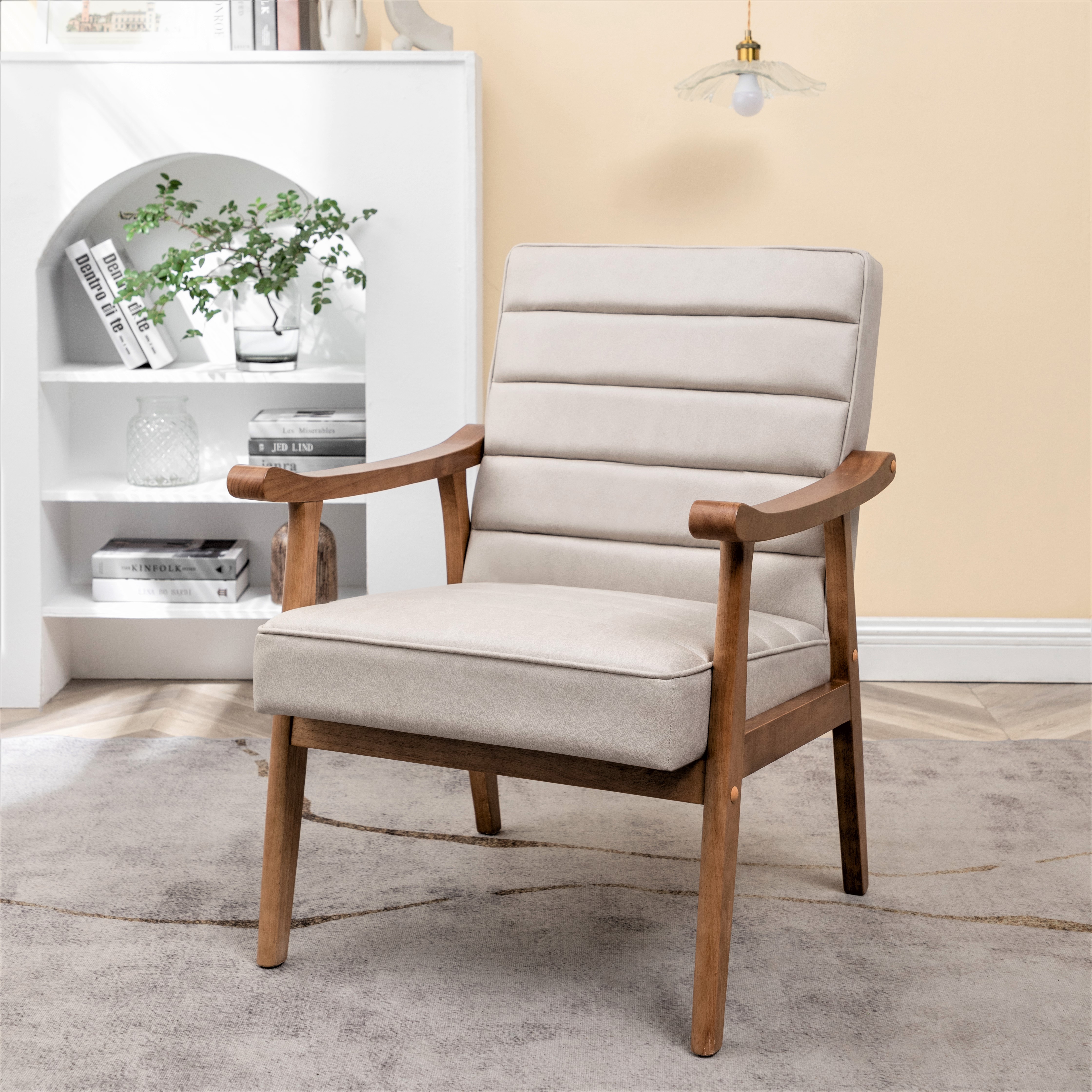 Sillón decorativo moderno de mediados de siglo, estructura de madera, microfibra efecto piel