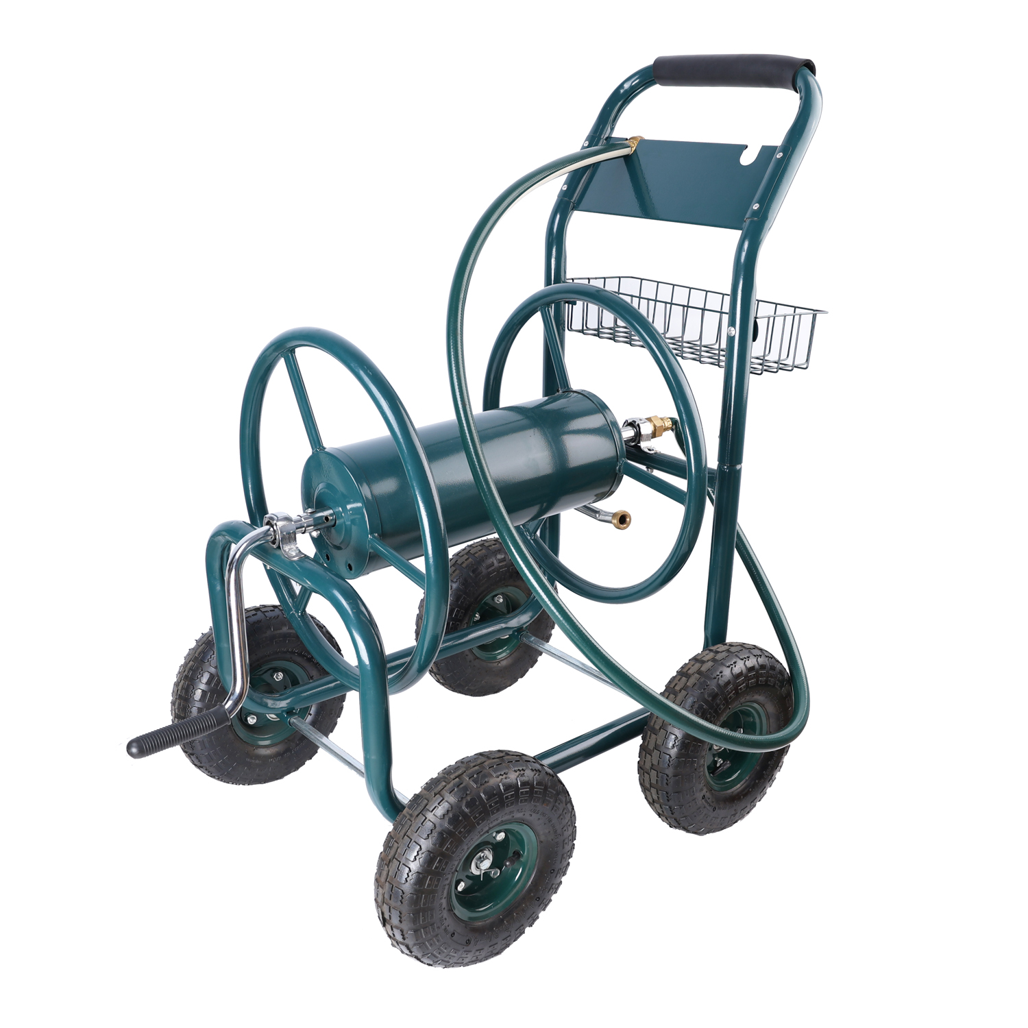 Garden Hose Reel Cart - 4 Wheels Portable Garden Hose Reel Cart With Storage Basket Rust Resistant Heavy Duty Water Hose Holder