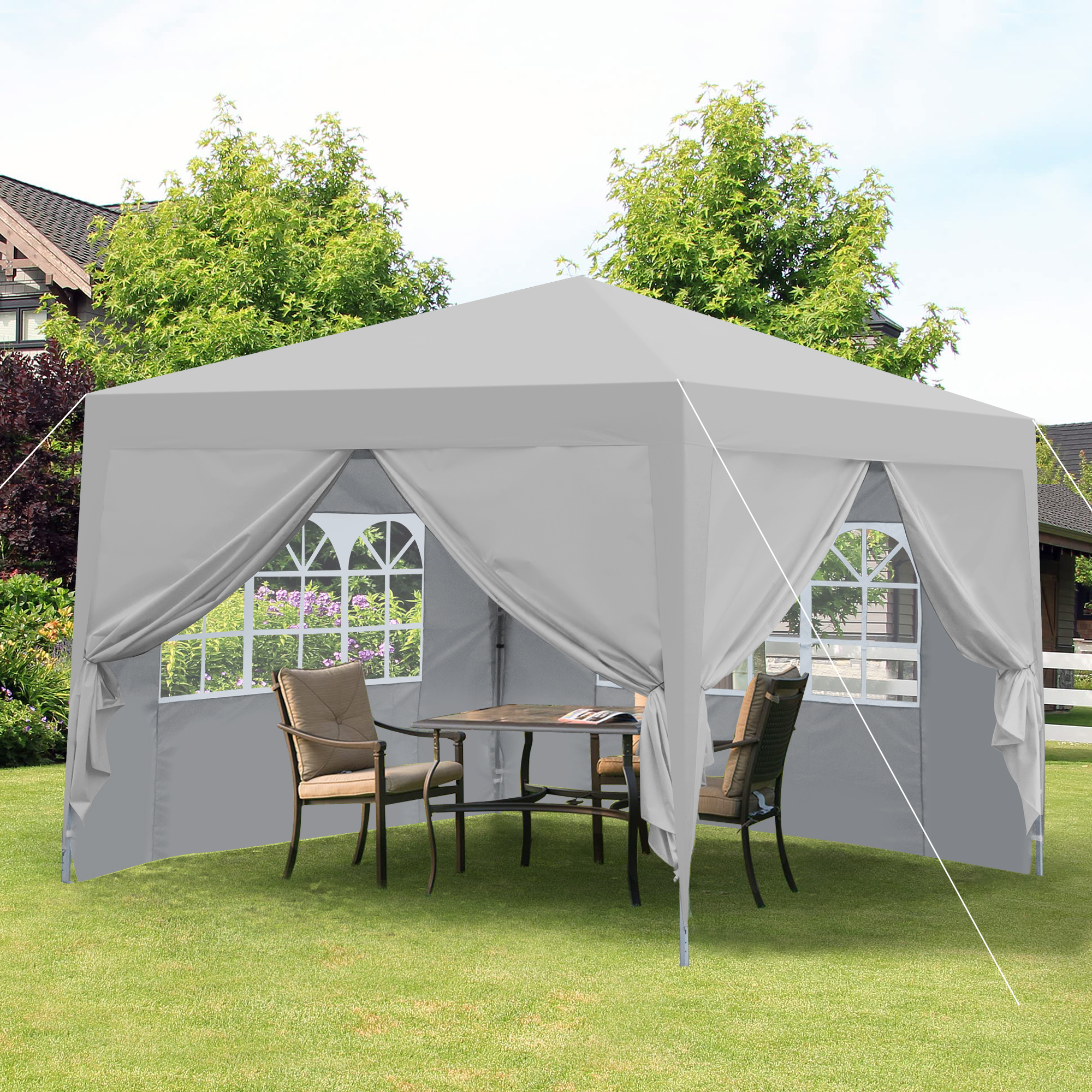 Outdoor 10x 10Ft  Up Gazebo Canopy Tent  Removable Sidewall With Zipper,2pcs Sidewall With Windows,with 4pcs Weight Sand Bag,with Carry Bag-Gray