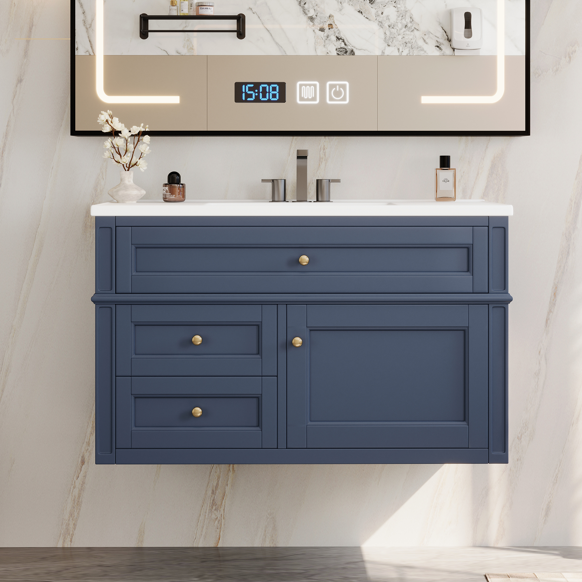 Tocador de baño flotante de 36 pulgadas con 3 cajones y lavabo cerámico, moderno