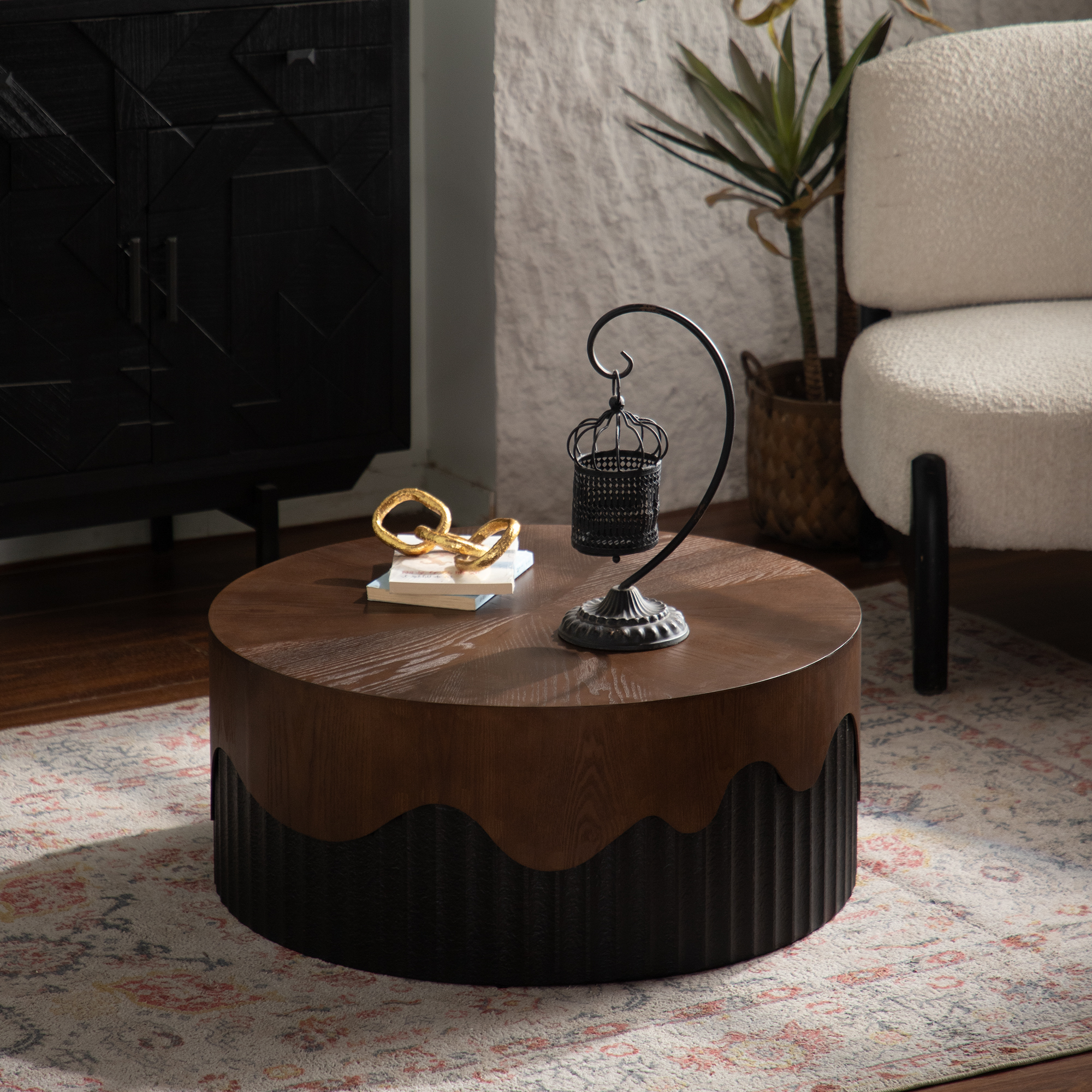 30.31  Round Coffee Table Handcrafted Relief Sturdy Pedestal Wooden Tea Table For Living Room No Need To Assemble