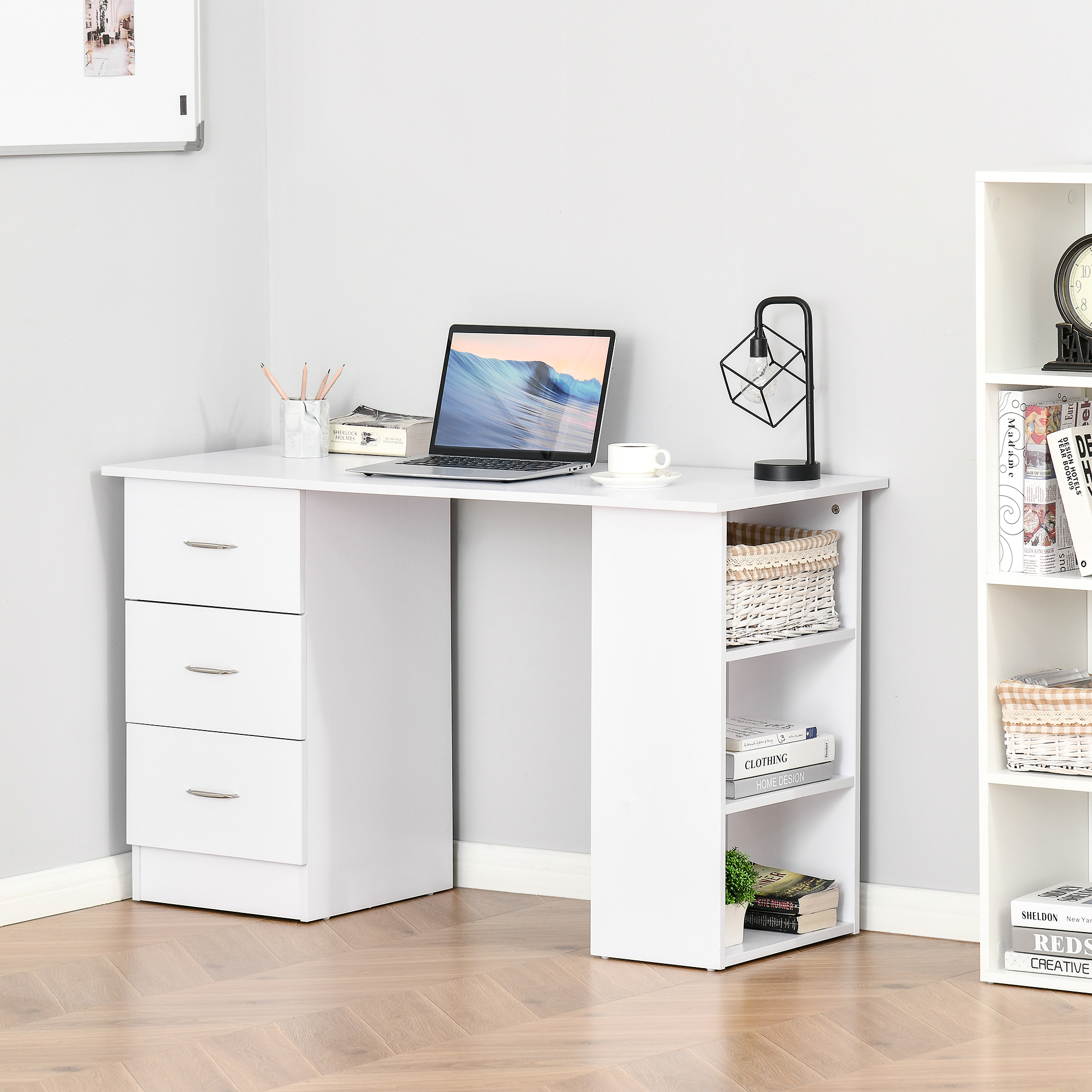 47" Modern Home Office Computer Desk Bookcase Combo Writing Table Workstation with 3 Drawer and Storage Shelf - White