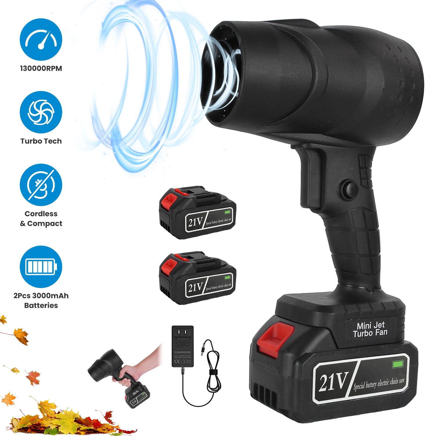 130000RPM Mini Cordless Leaf Blower For Spring Summer Autumn Jet Blower Battery Operated Blower With 2x 3Ah Batteries For Leaf Snow Dust Water Blowing