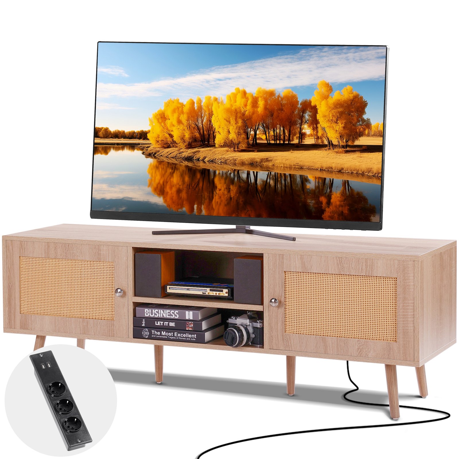 Mueble de TV de ratán moderno para TV de 65 pulgadas con tomas y USB, roble
