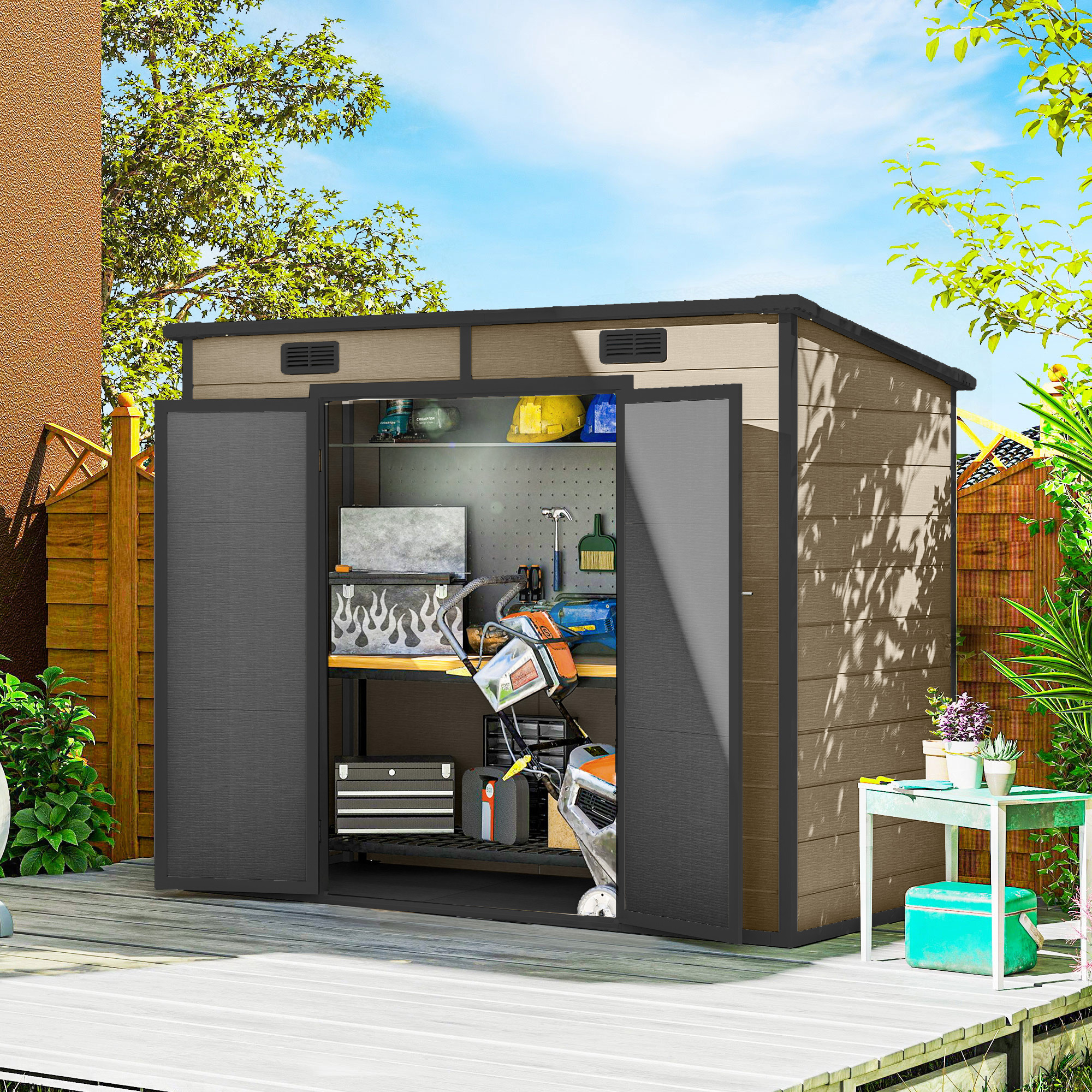 8 x 4 Plastic Outdoor Storage Shed with Floor, Window, Lockable Doors and Vents for Backyard Patio Lawn, Light Brown