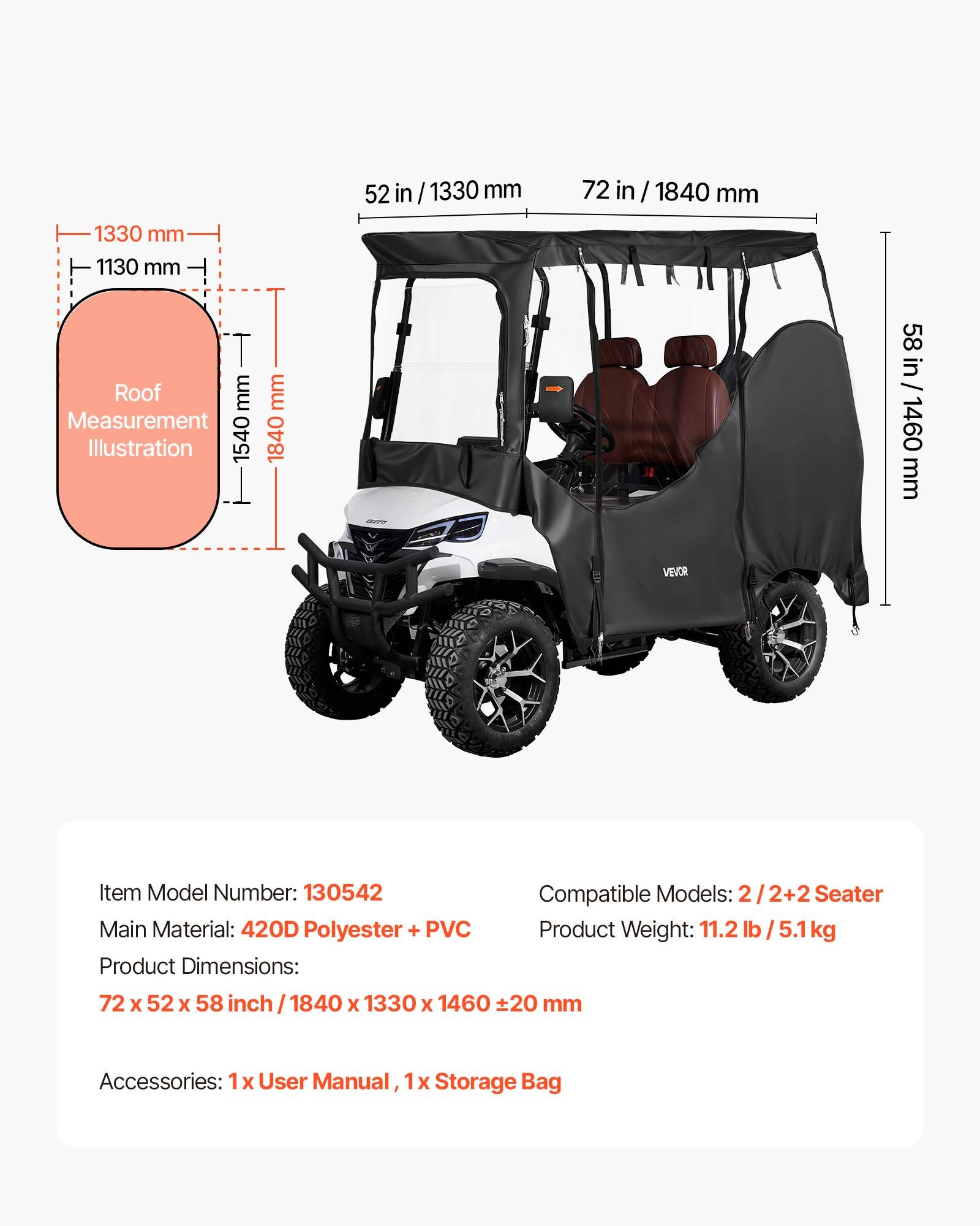 Golf Cart Cover, Visible Full-Enclosure 2&2+2 Passenger Golf Cart, 420D Waterproof Oxford Fabric Club Car Cover Fits Most Carts Club Car, Yamaha, EZGO, Honda, PVC Coating & Windproof Hook Design