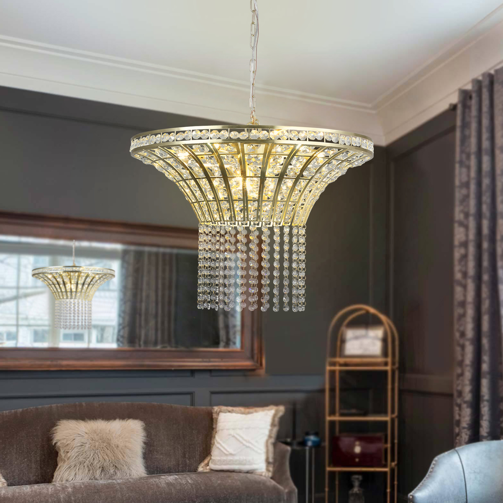 Same As W1340P189414 L005016-D600-P8G 24  Modern Crystal Round Chandelier With Gold Finish, Elegant Pendant Light With Cascading Beads, For Dining Room, Living Room, Or Foyer No Bulbs