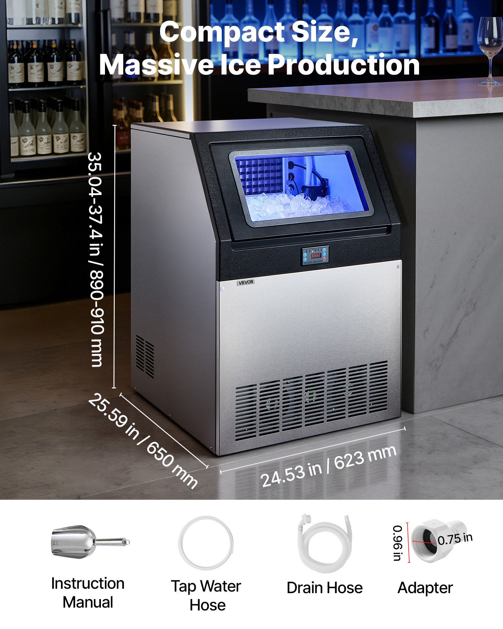 Máquina de hielo comercial, 300 libras/24h, 85 libras de almacenamiento, acero inox.