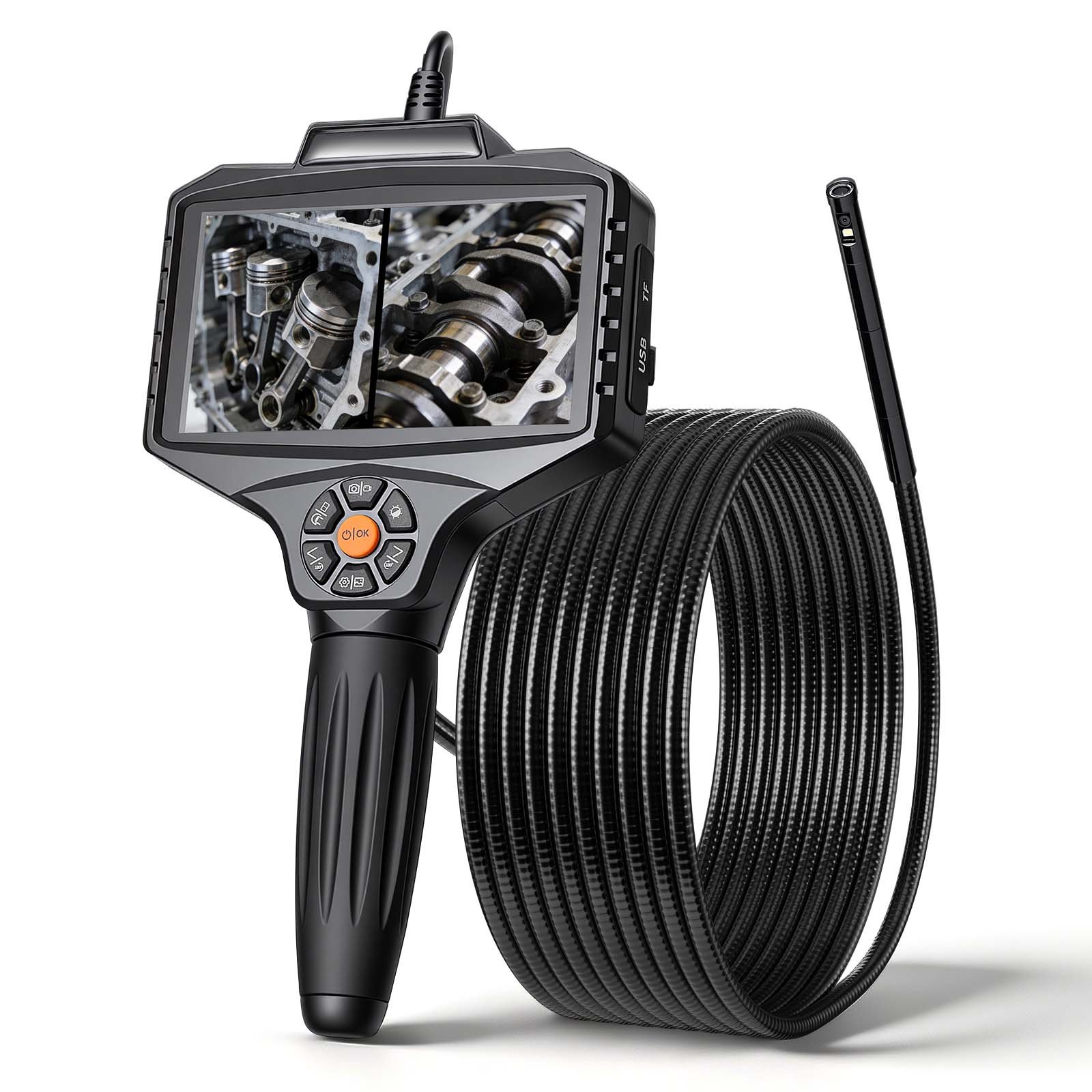 Endoscope With Light, 360 View Coverage Industrial Borescope Inspection Camera With Rotating Probe, 1080P HD Rigid Snake Scope Cam For Wall Automotive Engine Inspect-16.4FT