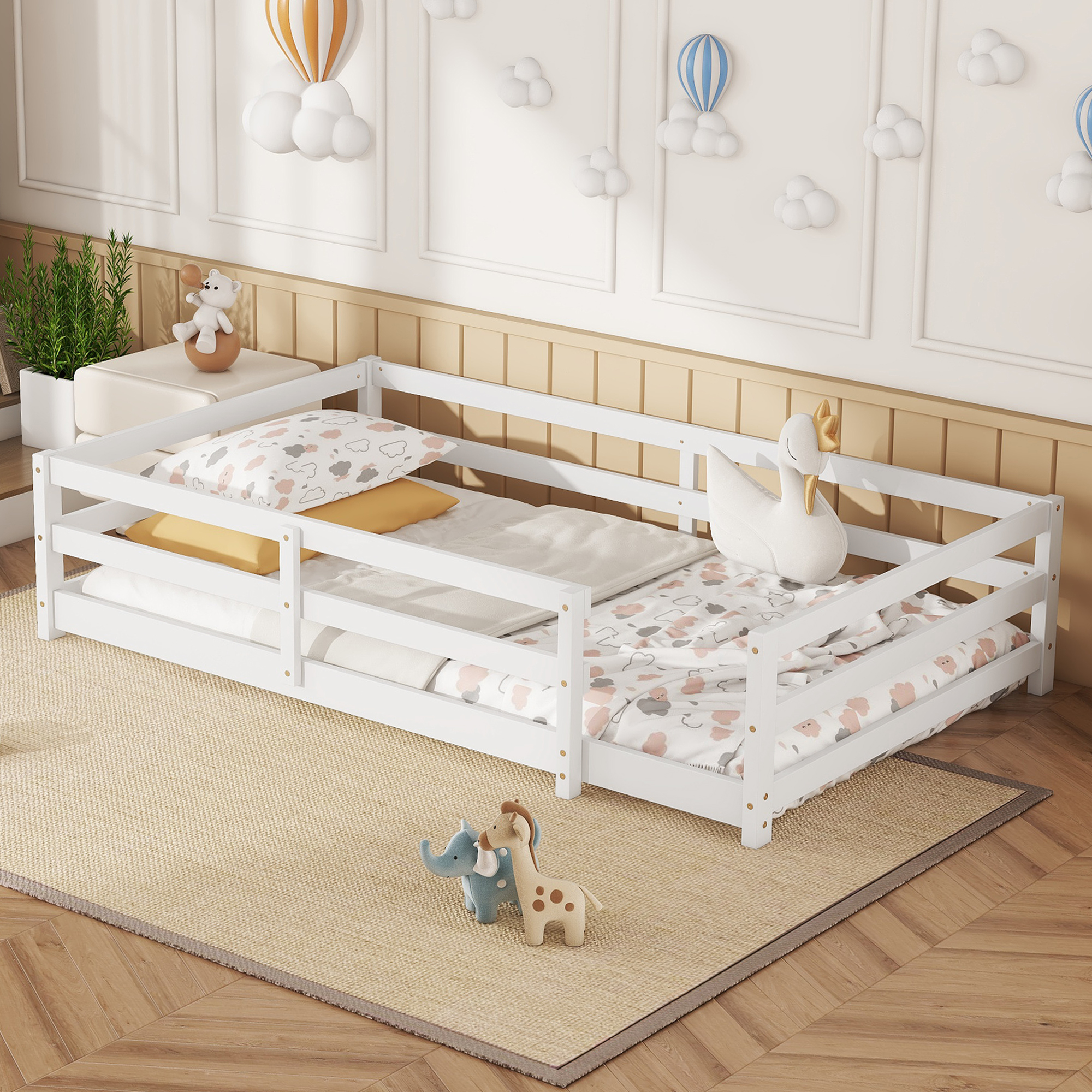 Cama Montessori de piso tamaño individual con valla, de madera, color blanco