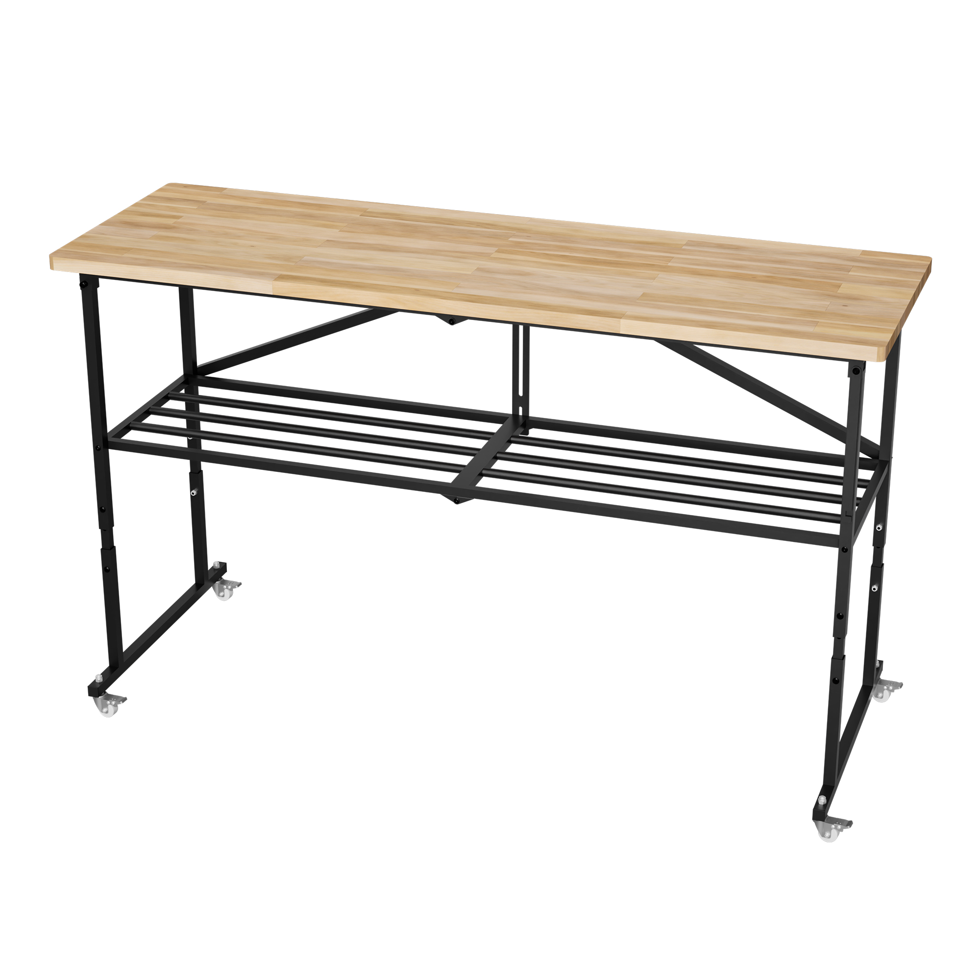SmartFold Heavy-Duty Folding Butcher-Block Workbench- Portable Wood-Top Utility Table W Locking Casters & Quick-Collapse Steel Frame