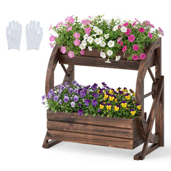 2-Tier Vertical Raised Garden Bed, Burned Finish Semi-Wheel Decorative Planter For Wedding