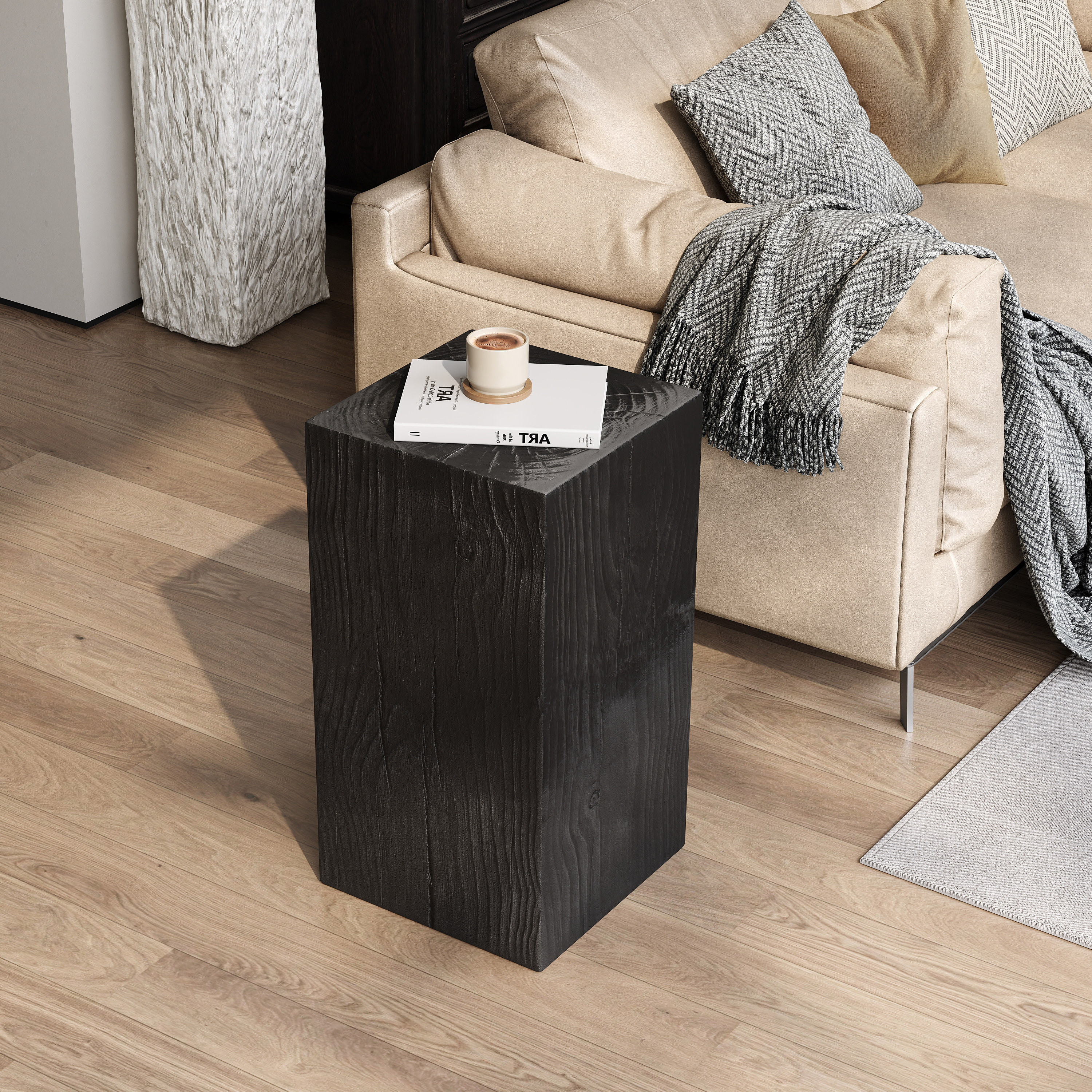 Wood-Look Square-Column MGO End Table,  H27.75 ,Wood-Like Distressed Finish, Mix With Different Heights, Indoor Outdoor Use,Black Color