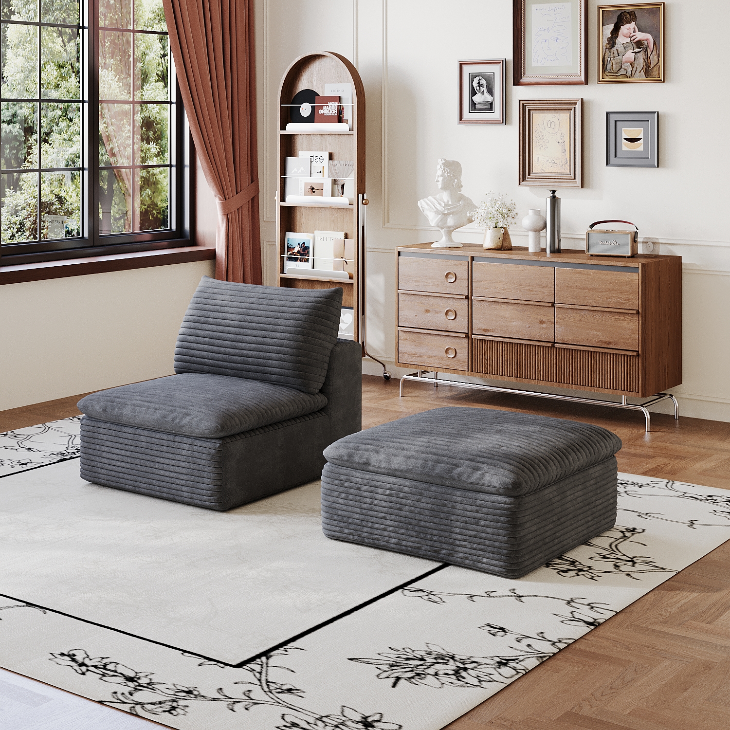 1 Middle Seat 1 Ottoman,Dark Grey