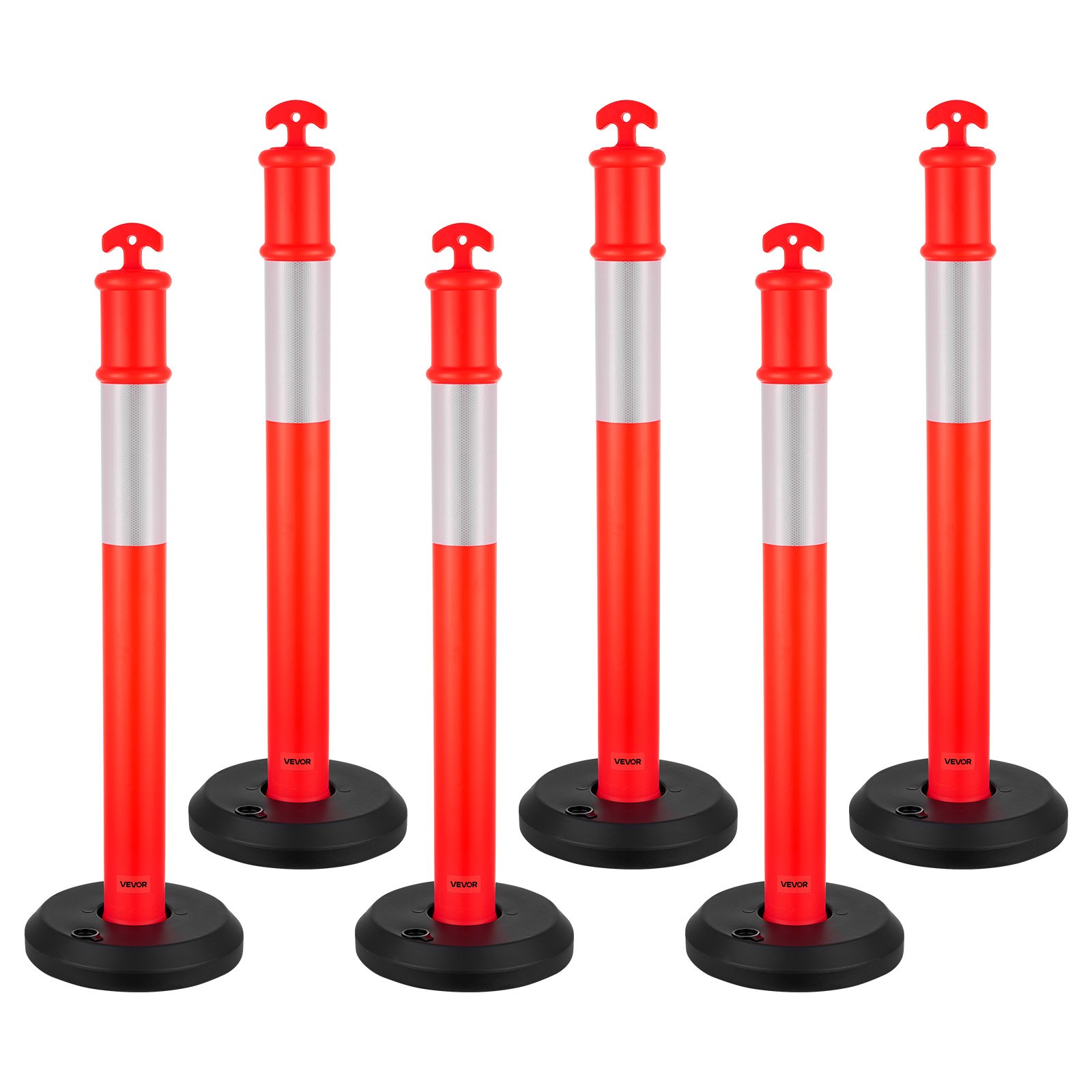 6 Pack Traffic Delineator Posts, 48 Inches Traffic Safety Cones With Fillable Base And Reflective Strips, Heavy Duty Delineator Posts For Construction Site, Parking Lot, Crowd Control, Red