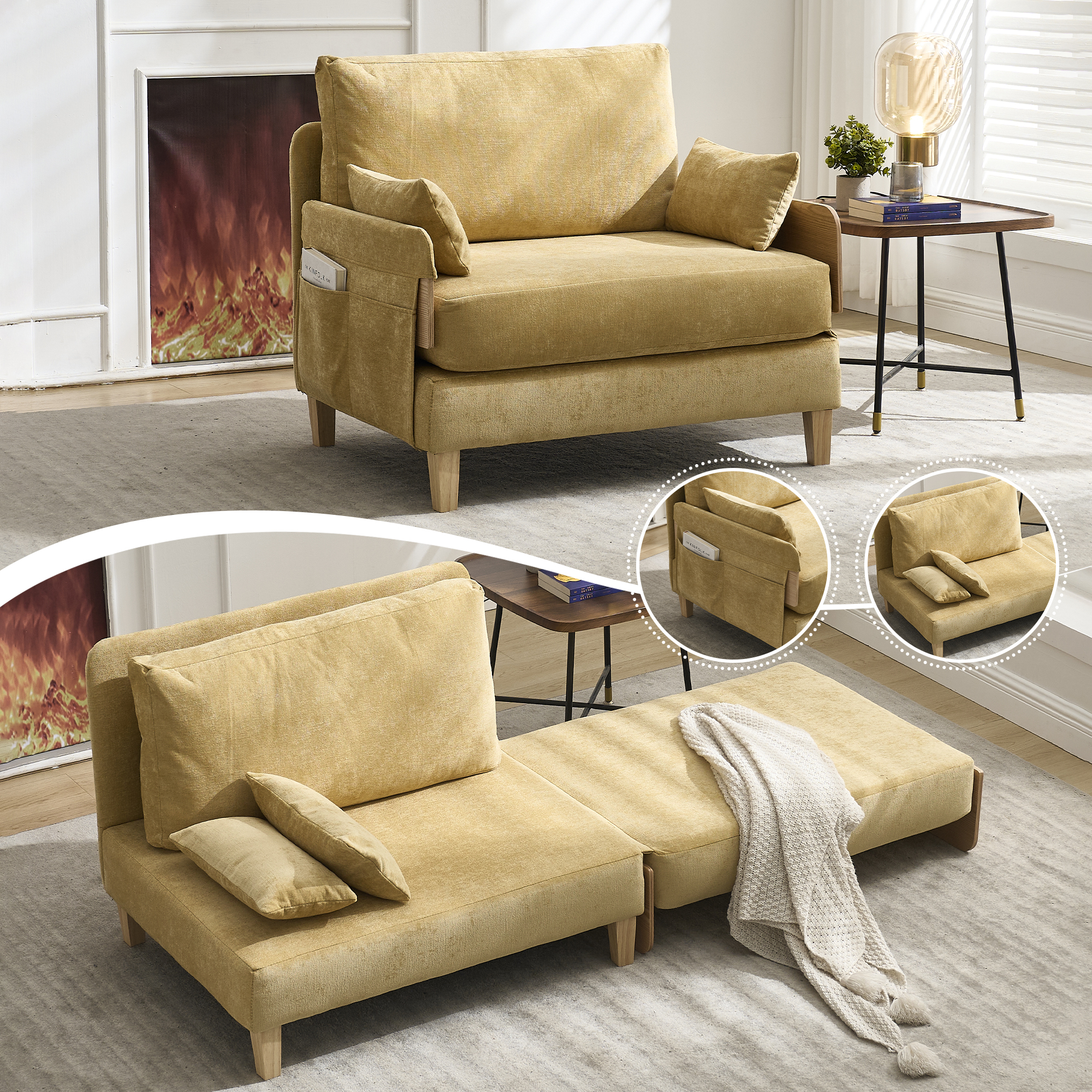 Foldable Sofa Bed Recliner, 3-in-1 Convertible Sleeper, Mid-century Modern Decor, Suitable For Small Spaces, With Three Pillows, Can Be Placed In The Bedroom Study Room Guest