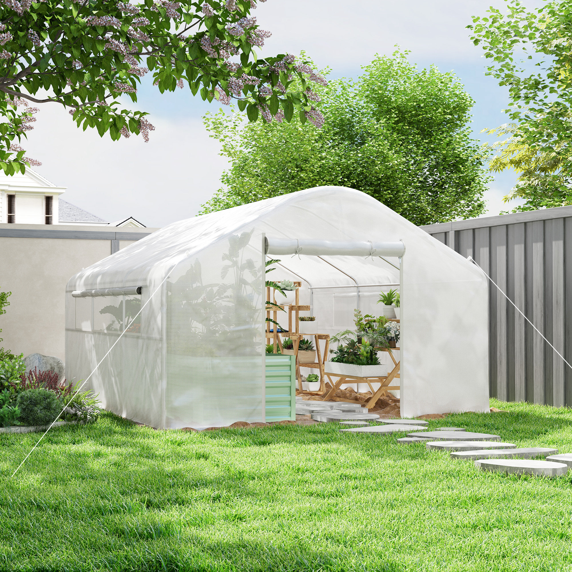 13 x 10 x 6.5 Tunnel Greenhouse Hoop House with Upgraded Galvanized Steel Frame and Large Windows, White