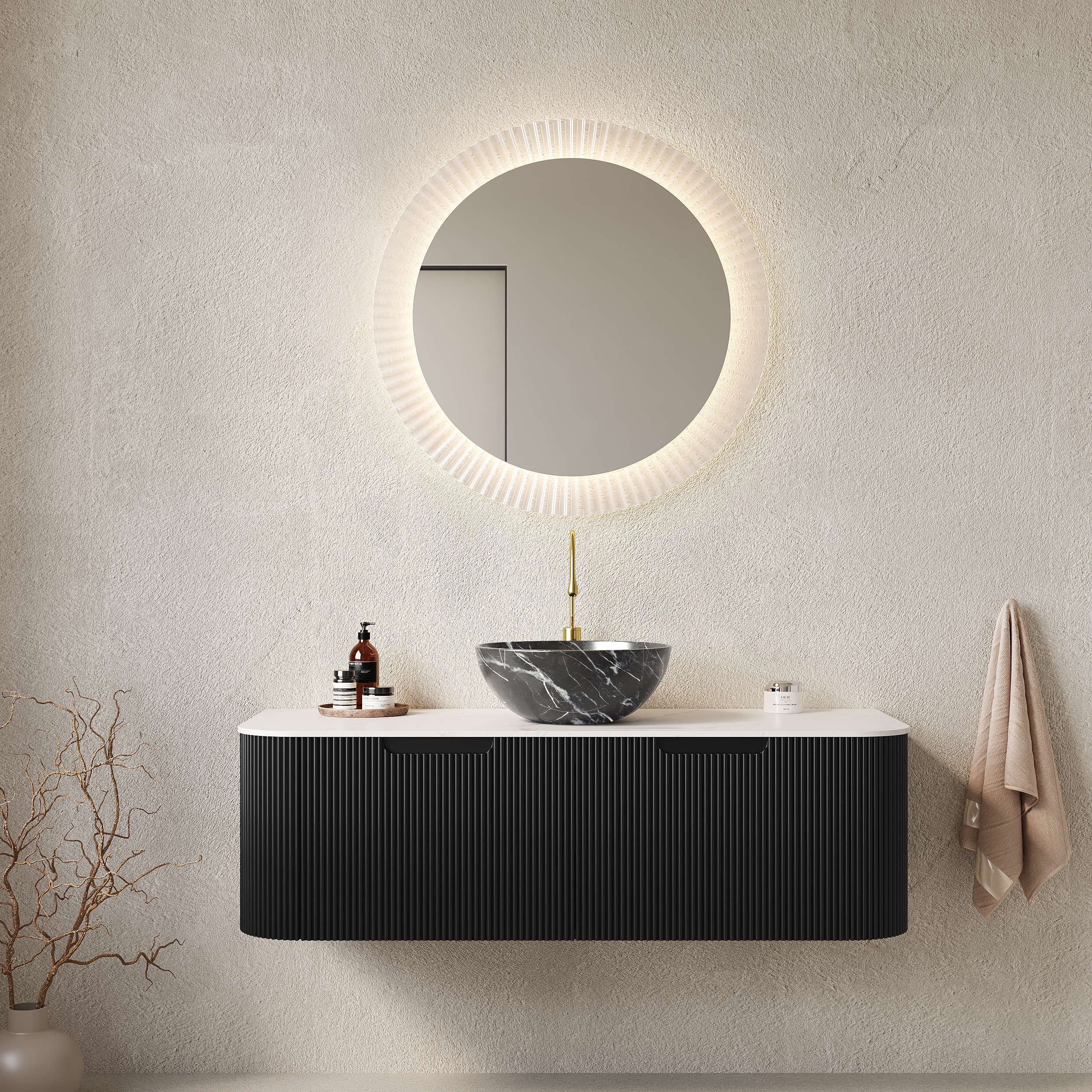 DINA 48 Bathroom Vanity With Sink, Wall-Mounted Floating Curved Edges Striped Bathroom Storage Cabinet With 2 Drawers, Black Bowl Ceramic Basin With Stone Pattern, Pre-assembled, Black Color