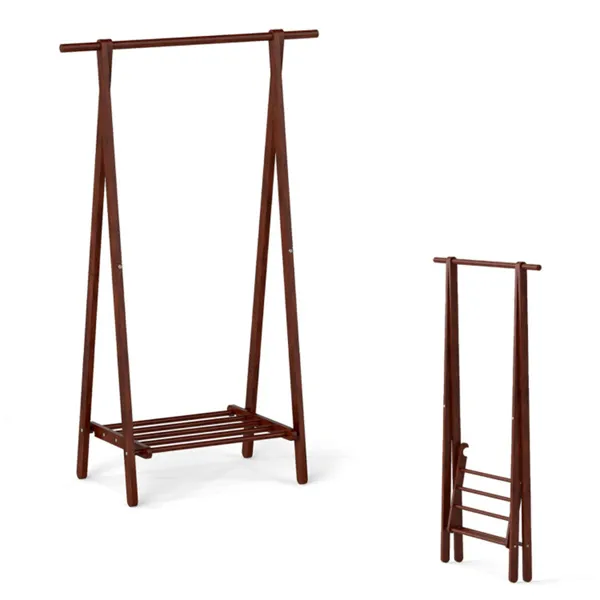 Perchero plegable de madera de caucho maciza con estante de almacenamiento inferior