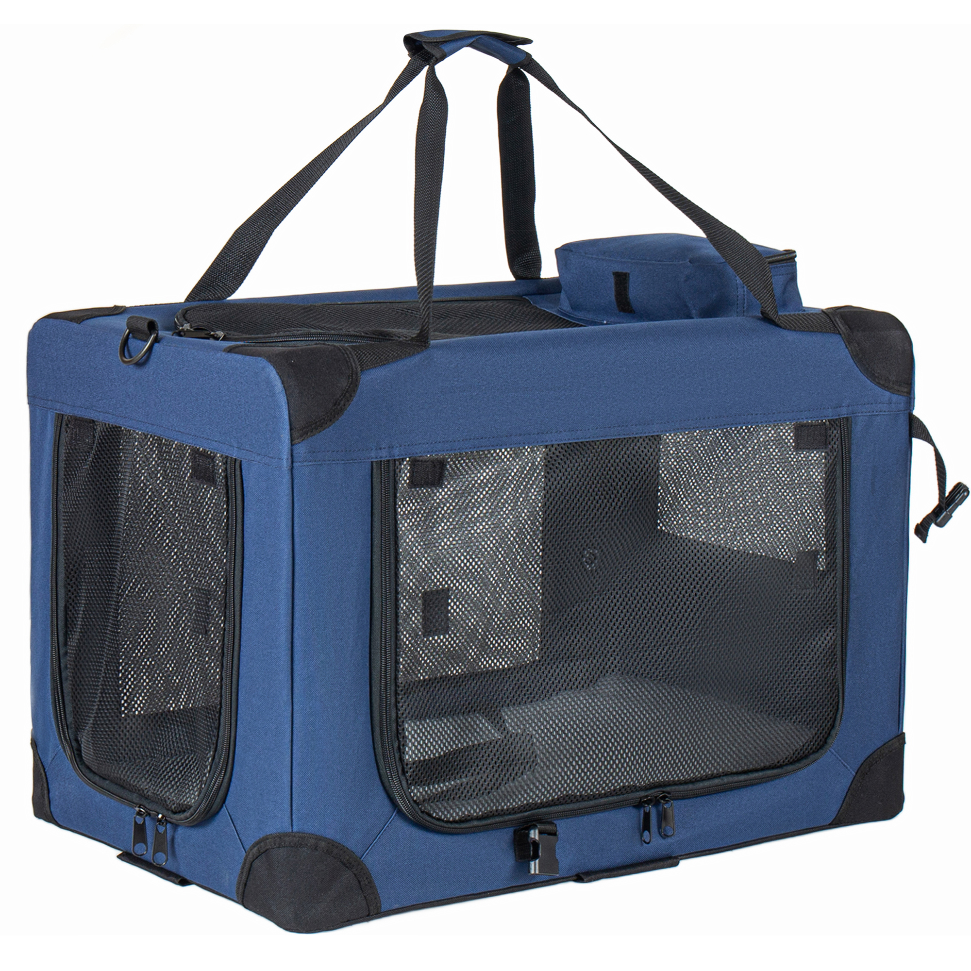 32   Soft Dog Crates Kennel, 3-Door Portable Folding Pet Carrier With Mesh Windows, Straps And Fleece Mat For Dogs, Cats, Rabbits, Meeting The Needs For Indoor, Outdoor, And Travel Use, Dark Blue
