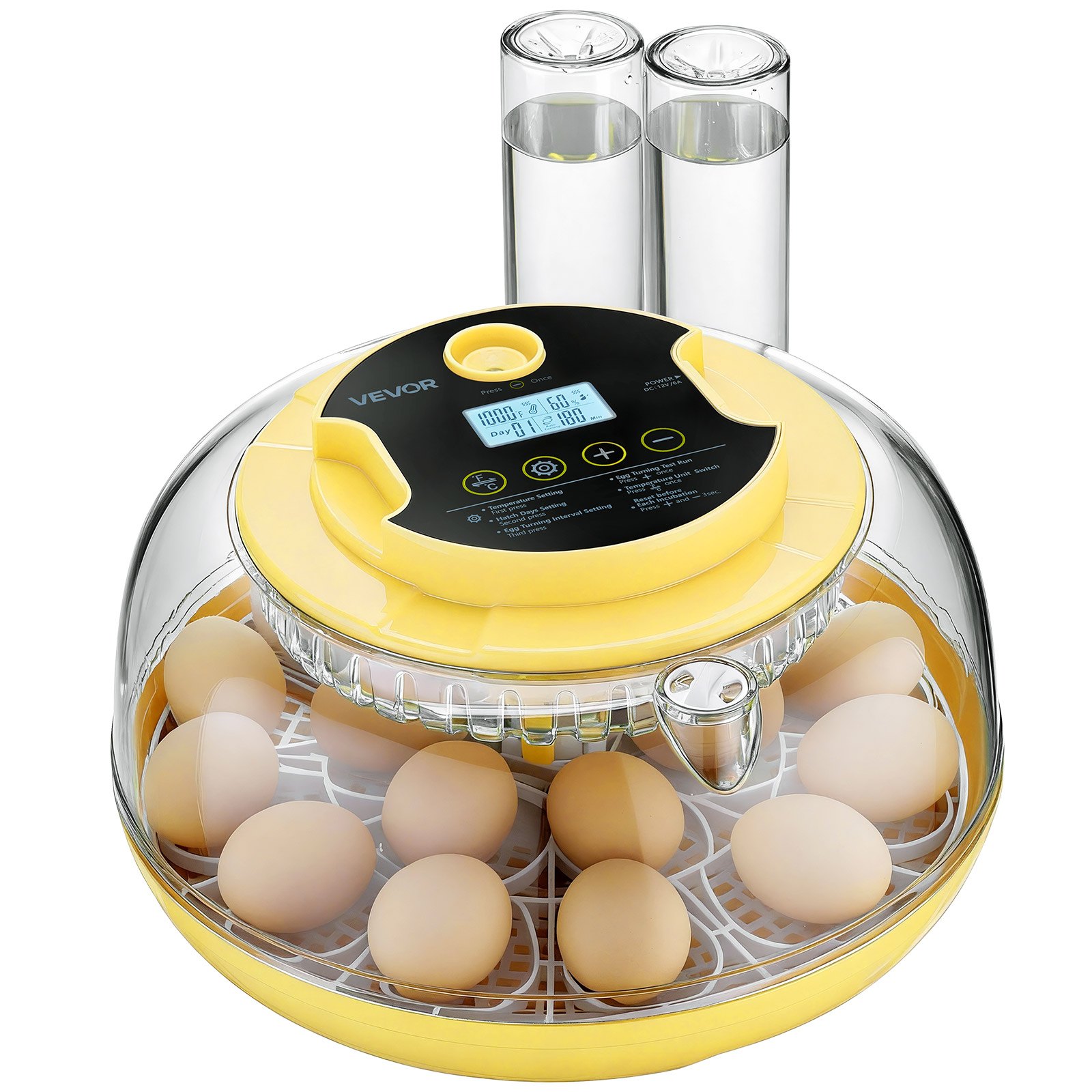 Incubadora de huevos, 18 unidades, volteo automático, control de temp./humedad, LED.