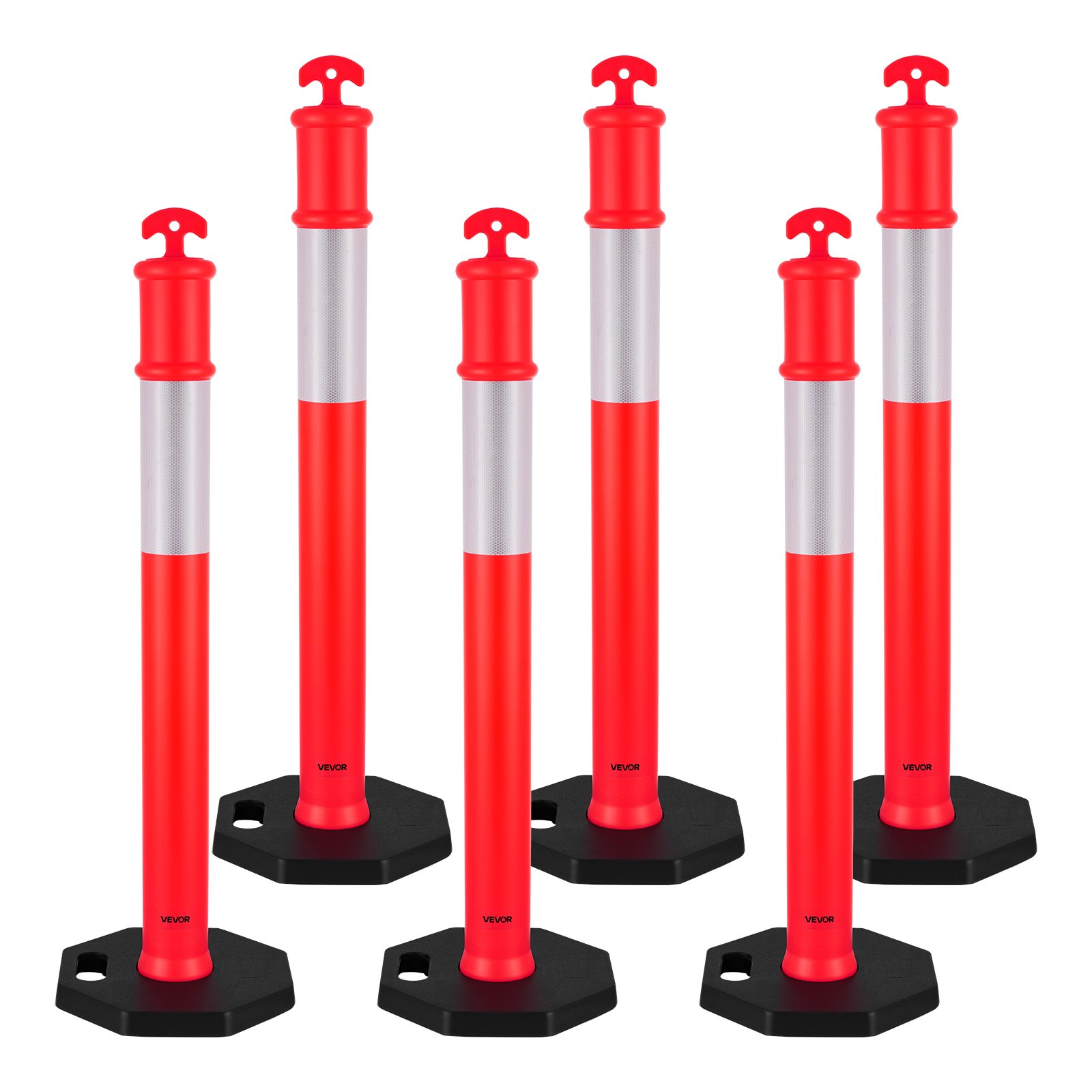 6 Pack Traffic Delineator Posts, 48 Inches Traffic Safety Cones With Weighted Base And Reflective Strips, Heavy Duty Delineator Posts For Construction Site, Parking Lot, Crowd Control, Red