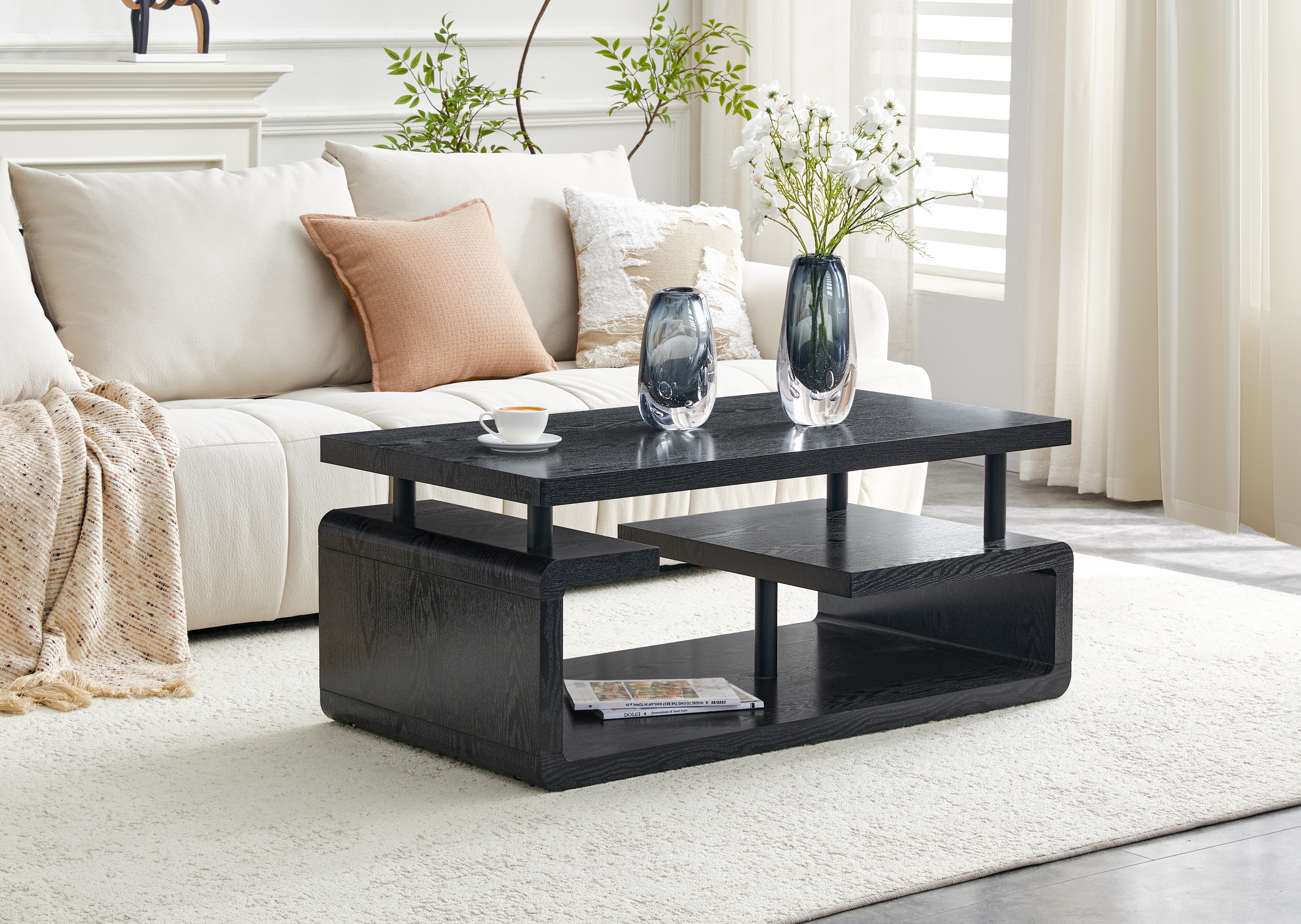 Mesa de centro moderna de 3 niveles con acabado de grano de madera negra y MDF.