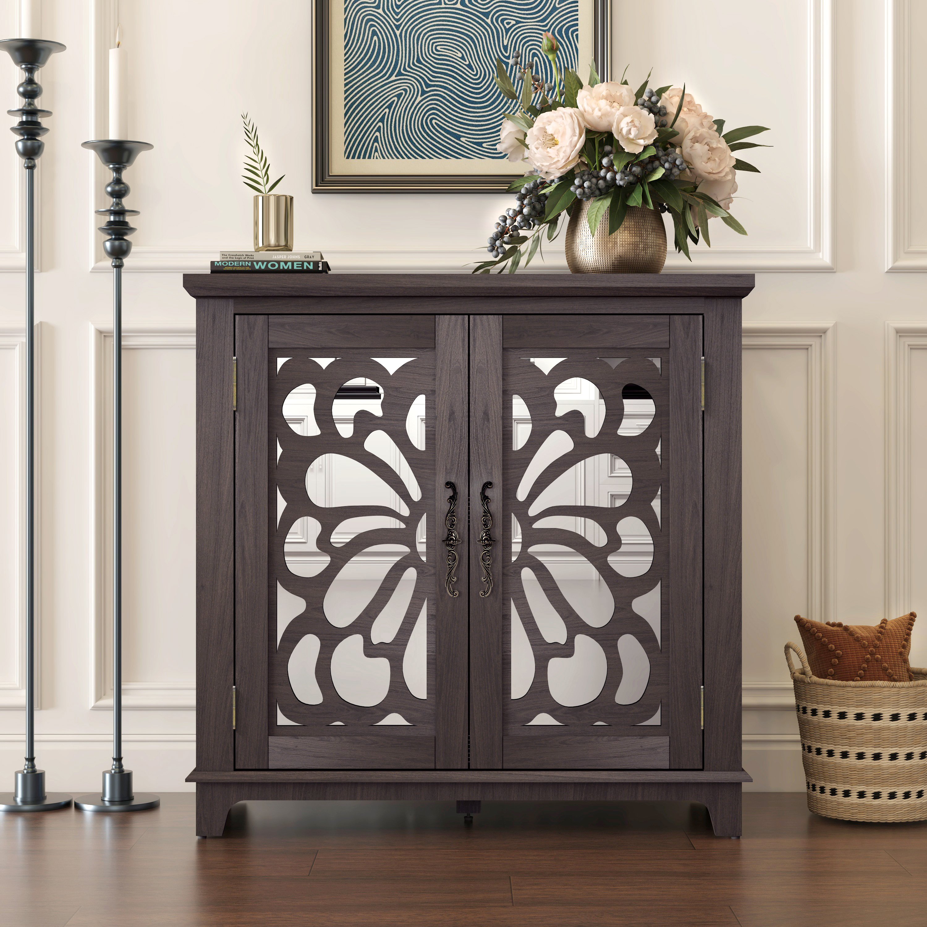 Elegant Sideboard With 2 Acrylic Mirrored Doors Sideboard And Buffet With Storage, Hollow-Carved Accent Cabinet Brown Laminates And MDF Substrate, Spacious Space Adjustable Shelf, Living Room, Kitchen