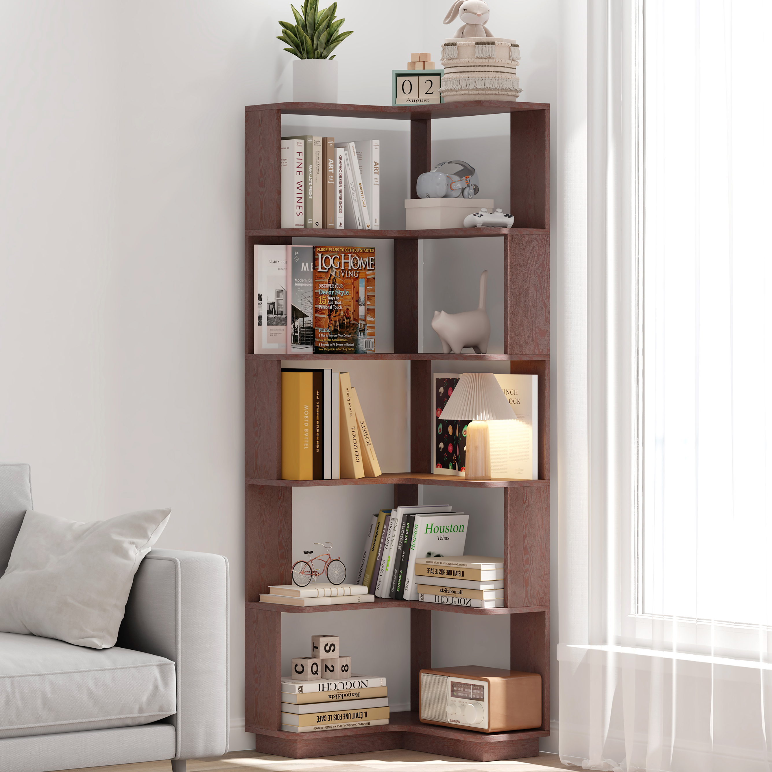 6 Tier Freestanding L-Shaped Corner Bookshelf For Living Room, Bedroom, Wooden Bookcase With Anti-drop Panle And Anti Tipping Device, Display Shelf Open Storage Rack Organizer For Home Office DARK RED