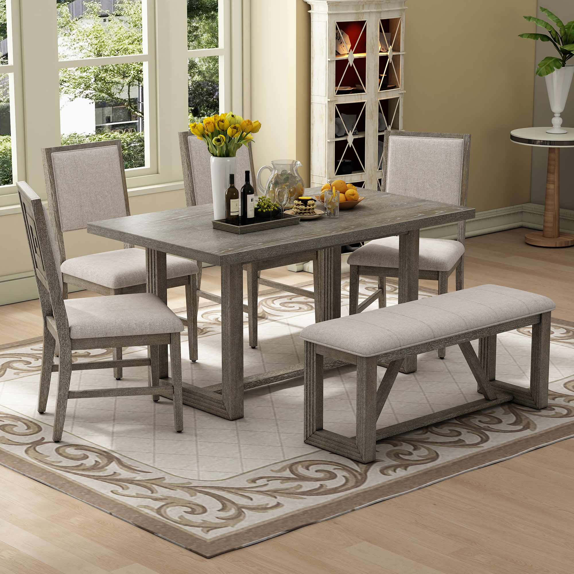TREXM 6-Piece Retro Dining Table Set For 6  60 Wood Kitchen Table And Chairs Set Of 4 With Bench Designed Trestle Base For Kitchen & Dining Room  Gray