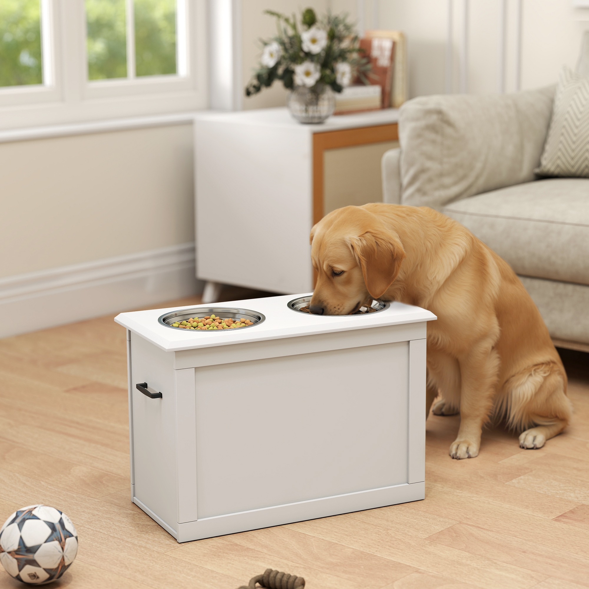 Raised Pet Feeding Storage Station with 2 Stainless Steel Bowls Base for Large Dogs and Other Large Pets, White