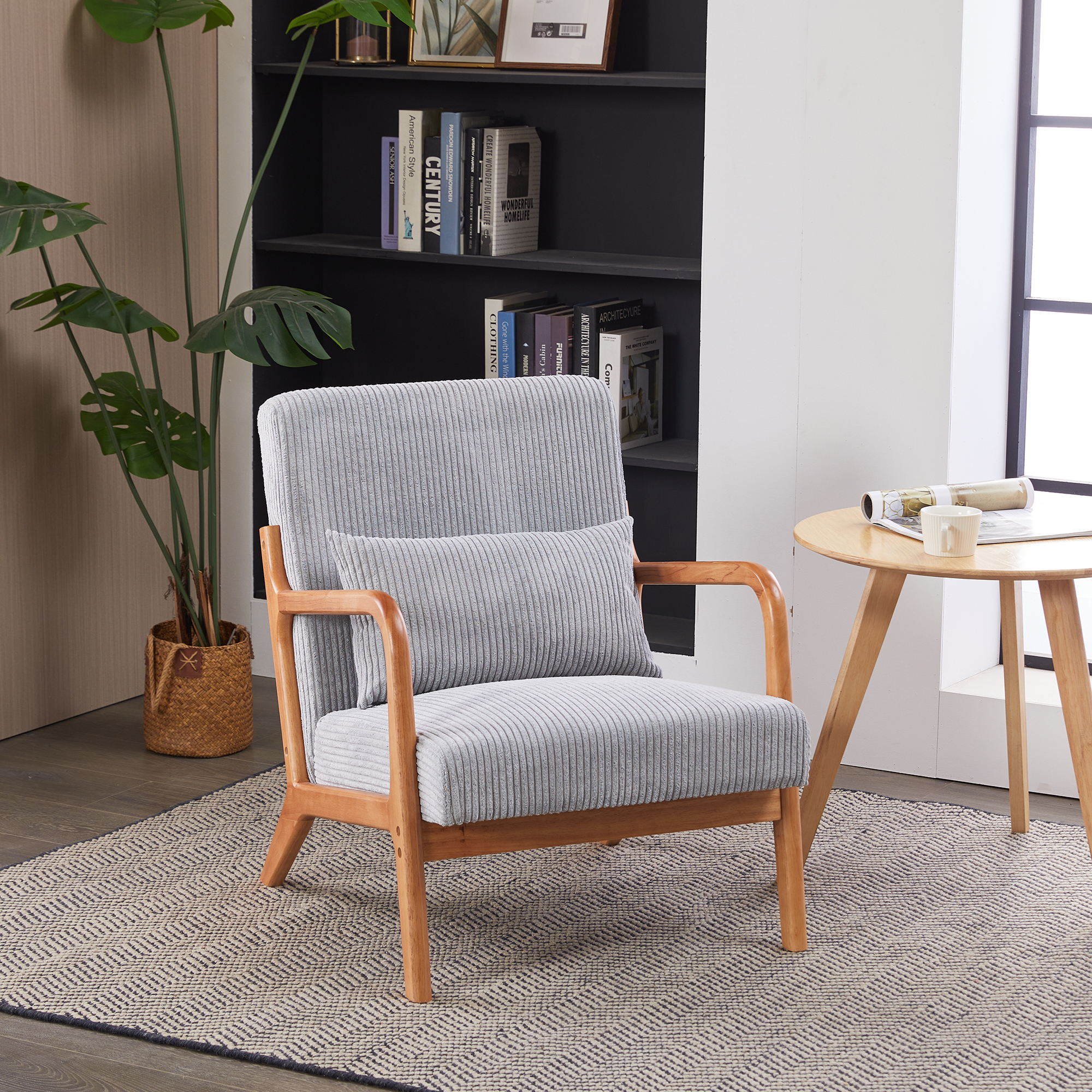 Mid-Century Modern Accent Chair, Arm Chair Living Room Chairs with Pillow Upholstered Reading Chair with Solid Wood Frame &  Living Room Bedroom Balcony (Antique Dark Grey)