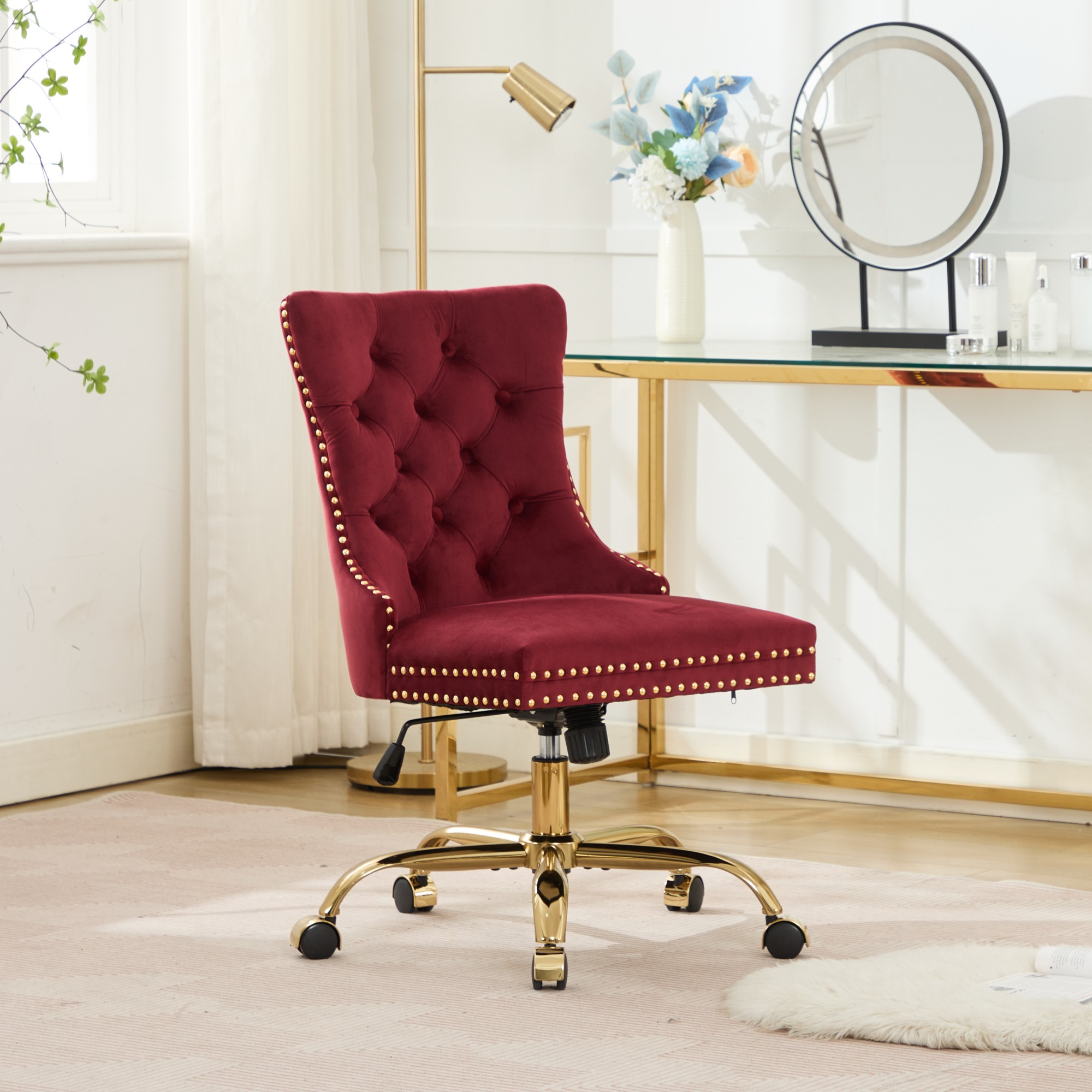 Silla de oficina A&A Furniture, terciopelo, base metálica dorada, giratoria, rojo vino