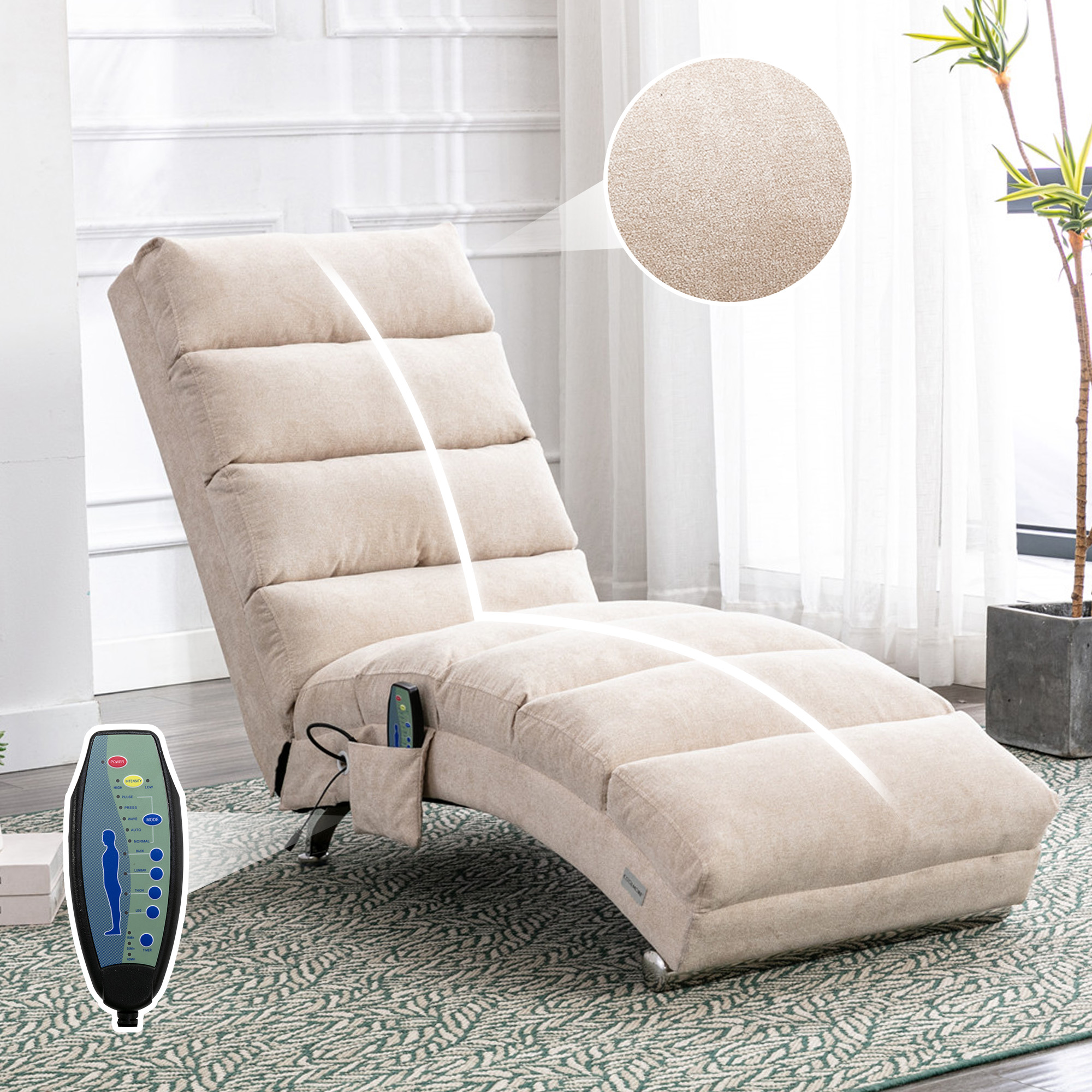 COOLMORE Luxury Upholstered Chaise Lounge Chair With Vibration For Relaxation, Modern Fixed Back Fabric Leisure Recliner Sofa For Living Room Bedroom