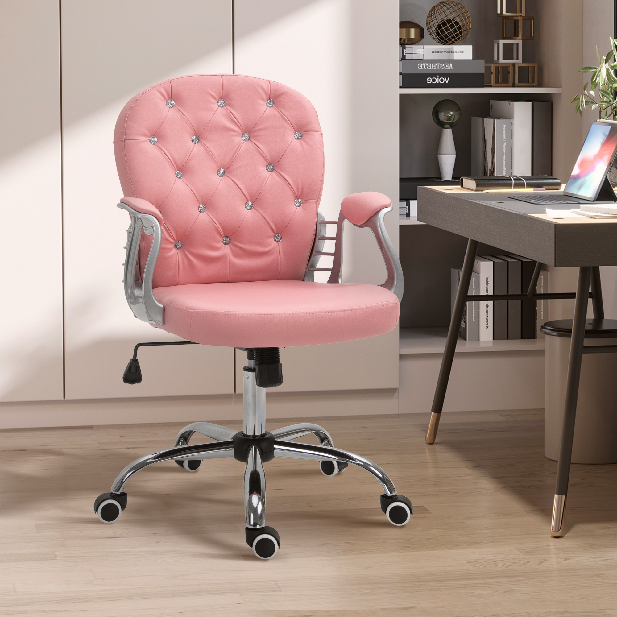 Silla de tocador de maquillaje de cuero PU, altura ajustable y ruedas giratorias.