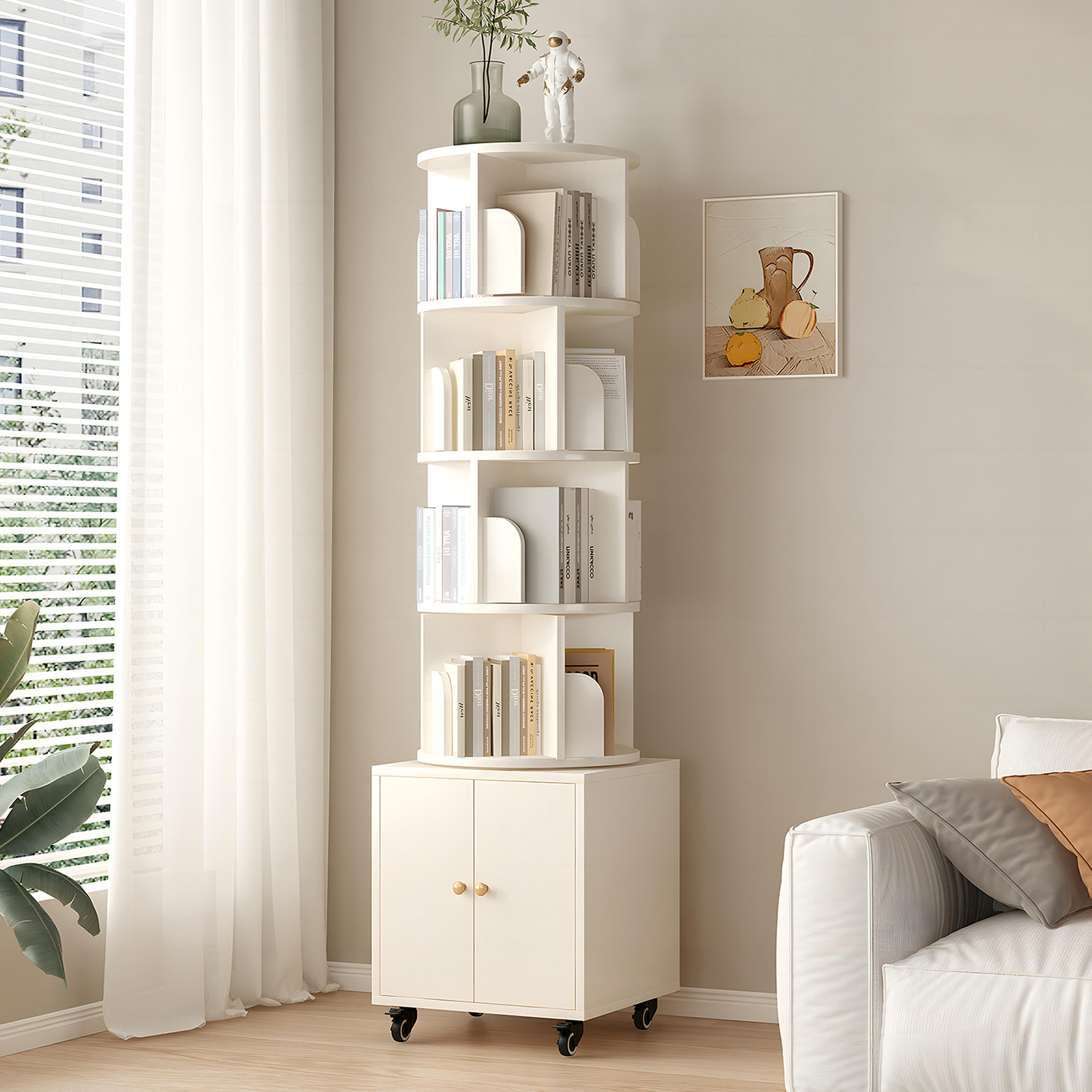 Estantería giratoria de madera, 5 niveles, con cajón, 360 grados, color blanco