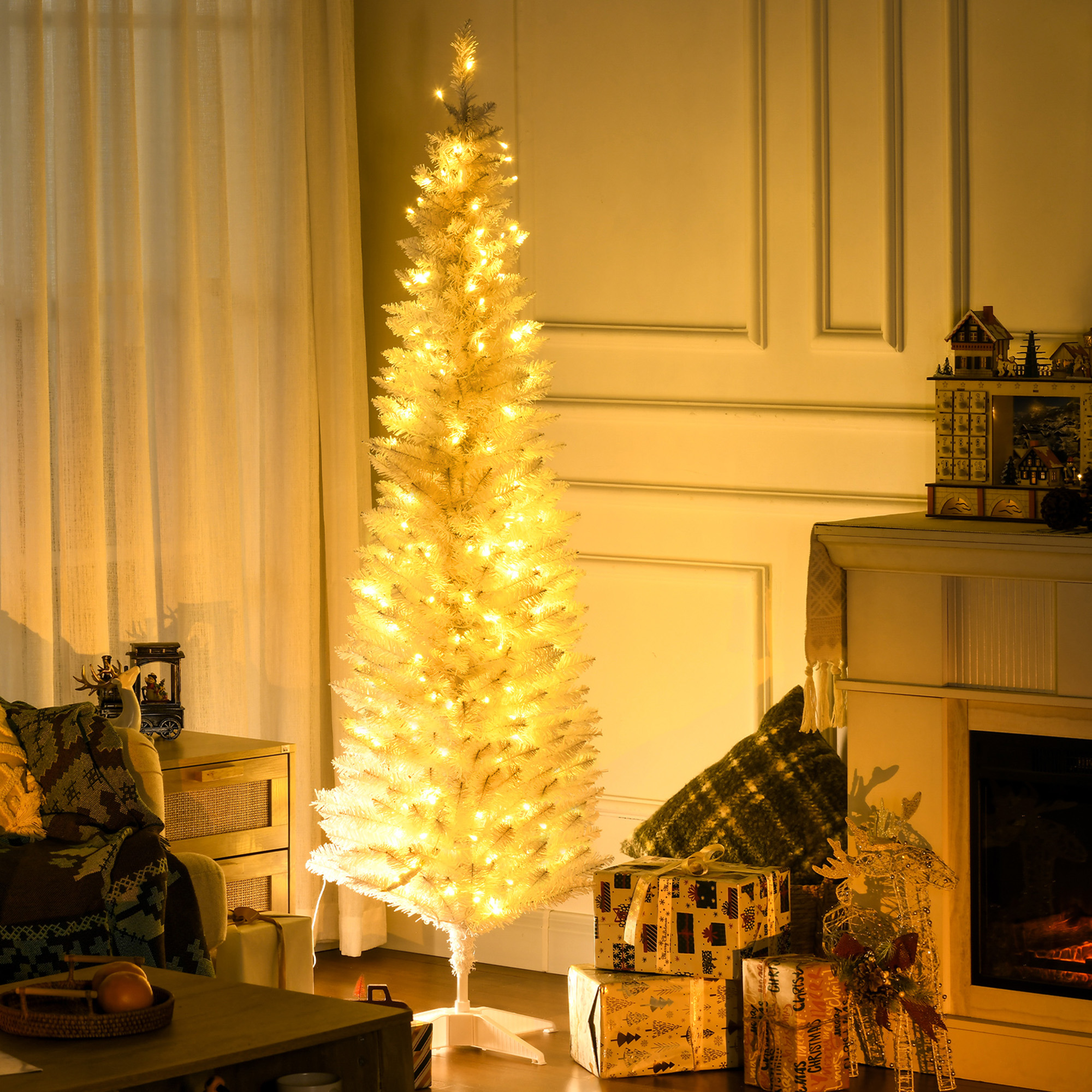 6ft Pencil Christmas Tree, Slim Artificial Christmas Tree with Realistic Branches and Warm White LED Lights, White