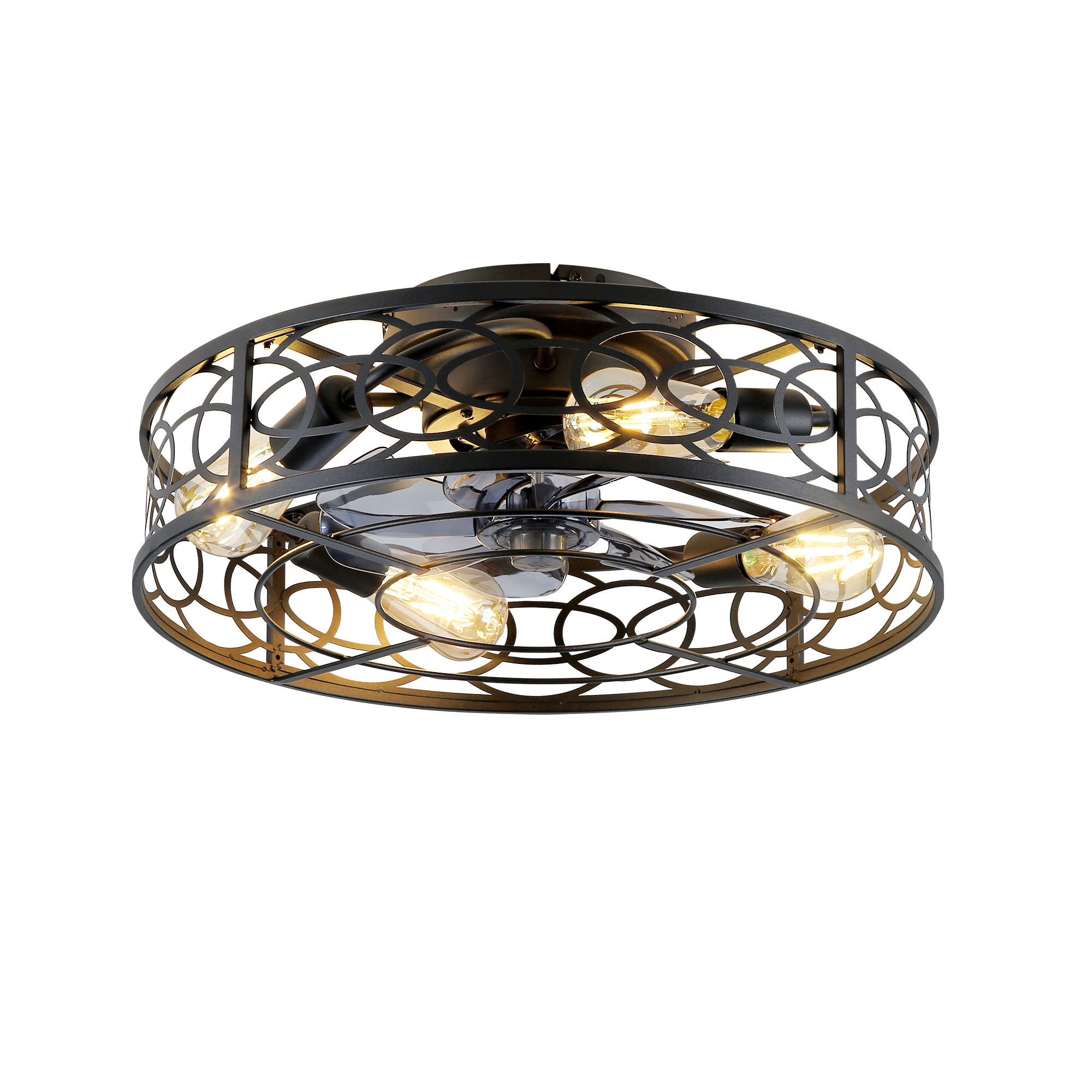 20  Caged Ceiling Fans With Lights And Remote, Bladeless Ceiling Fan 6 Speed Reversible With  Remote Control,Flush Mount Caged Ceiling Fan For Bedroom, Living Room--NOT Included Bulbs