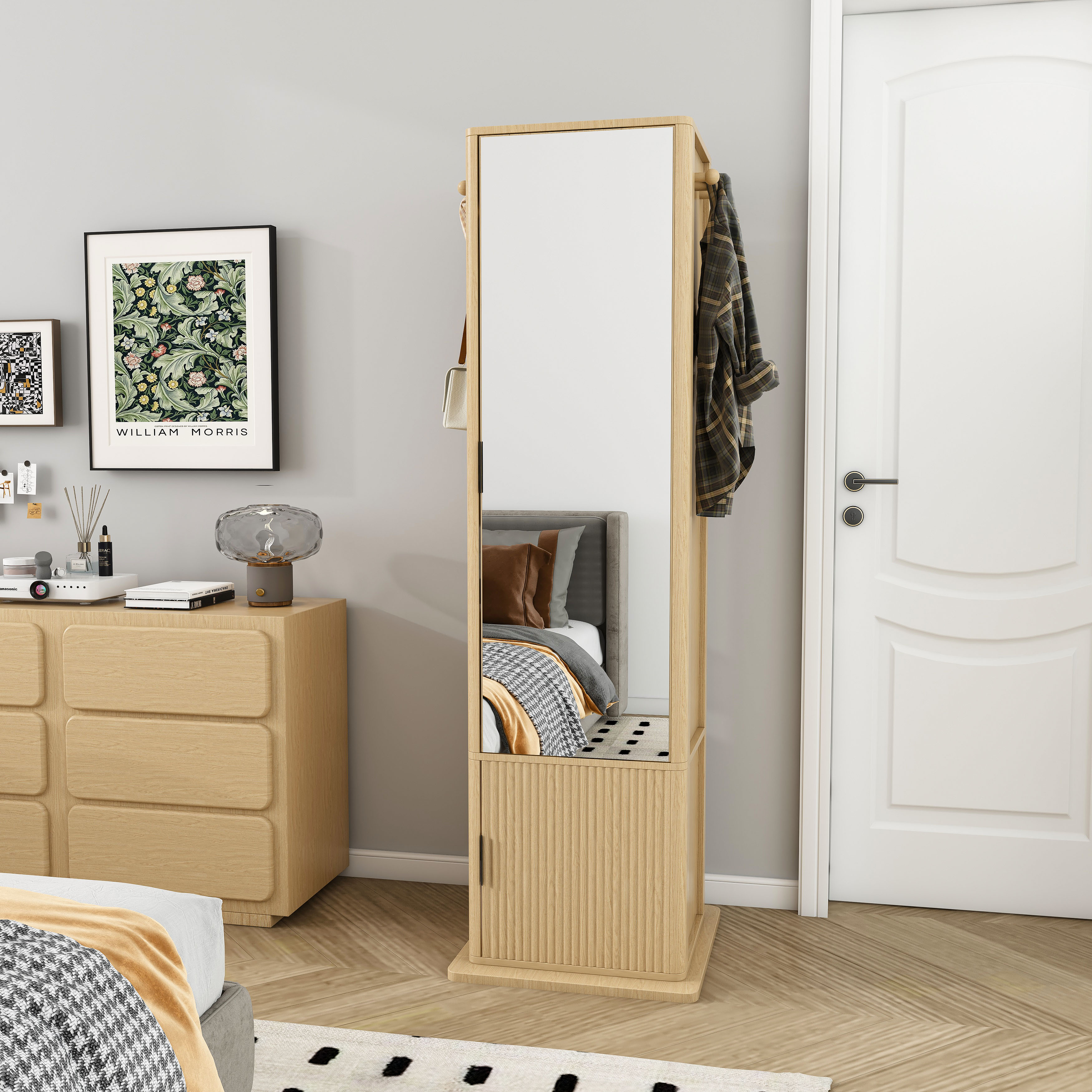 360 Rotating Makeup Cabinet, Jewelry Cabinet With A Full-length Mirror, Standing Storage Cabinet With A Coat Rack, 4 Layers Of Open Shelves And 2 Layers Of Built-in Shelves, Walnut