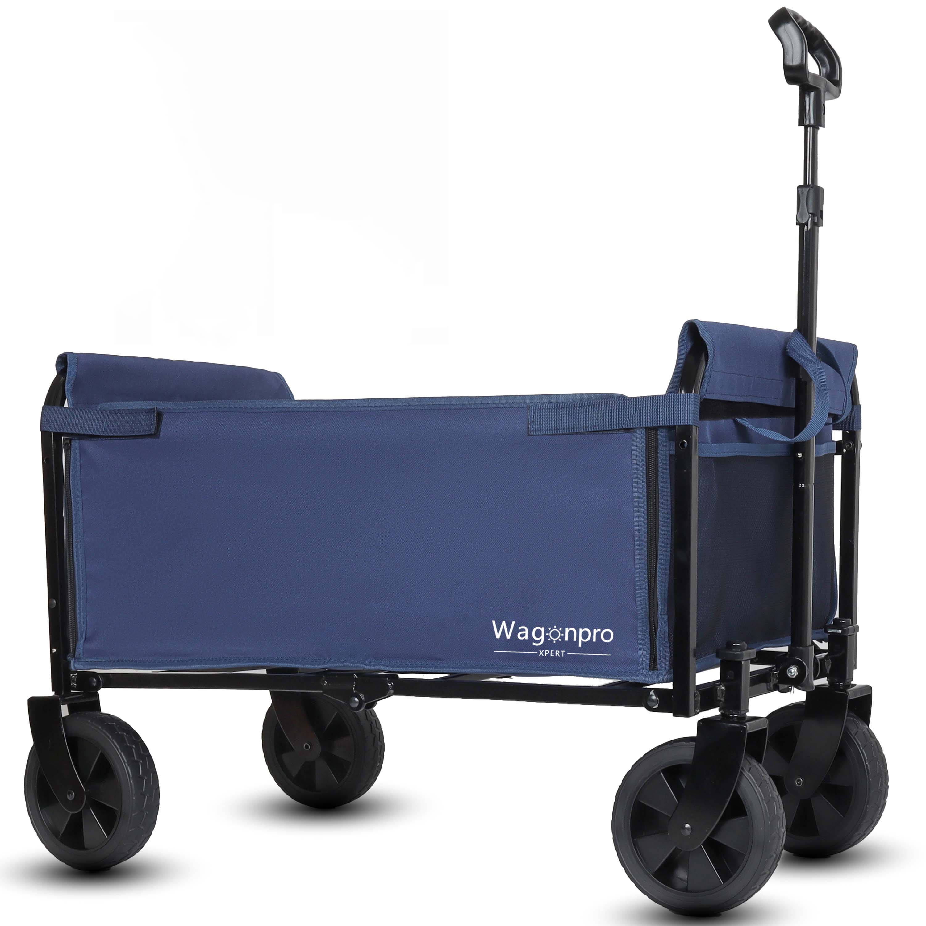 All- In- One Convertible Folding 4- Wheel Trolley With Bench Seat And Dog Leash -  Heavy Duty Foldable Utility Trolley For Camping  Beach  Shopping -  Versatile Seating And Storage Space  Dark Blue