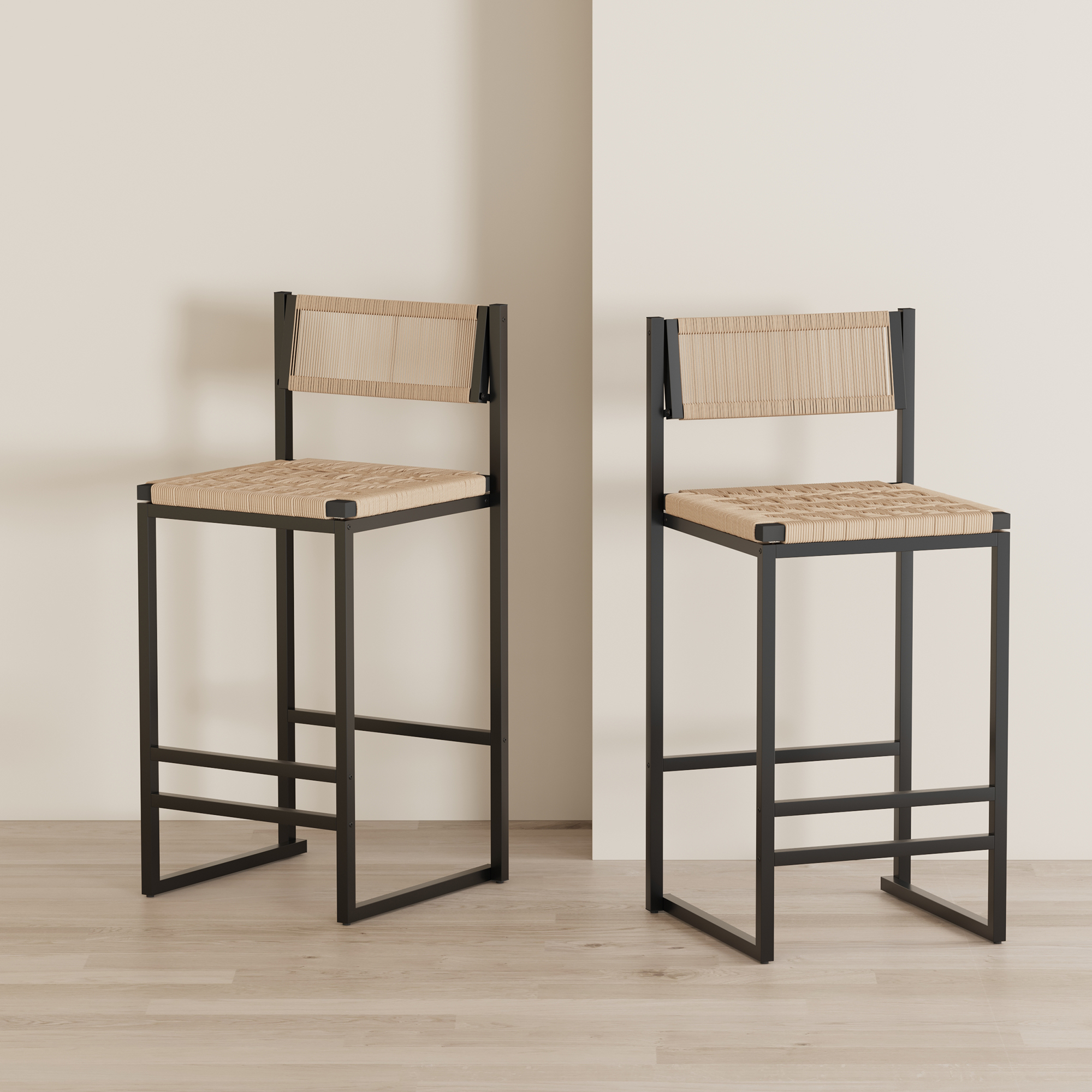 Set de 2 taburetes de bar para cocina con reposapiés, tejido de cuerda, negro y miel