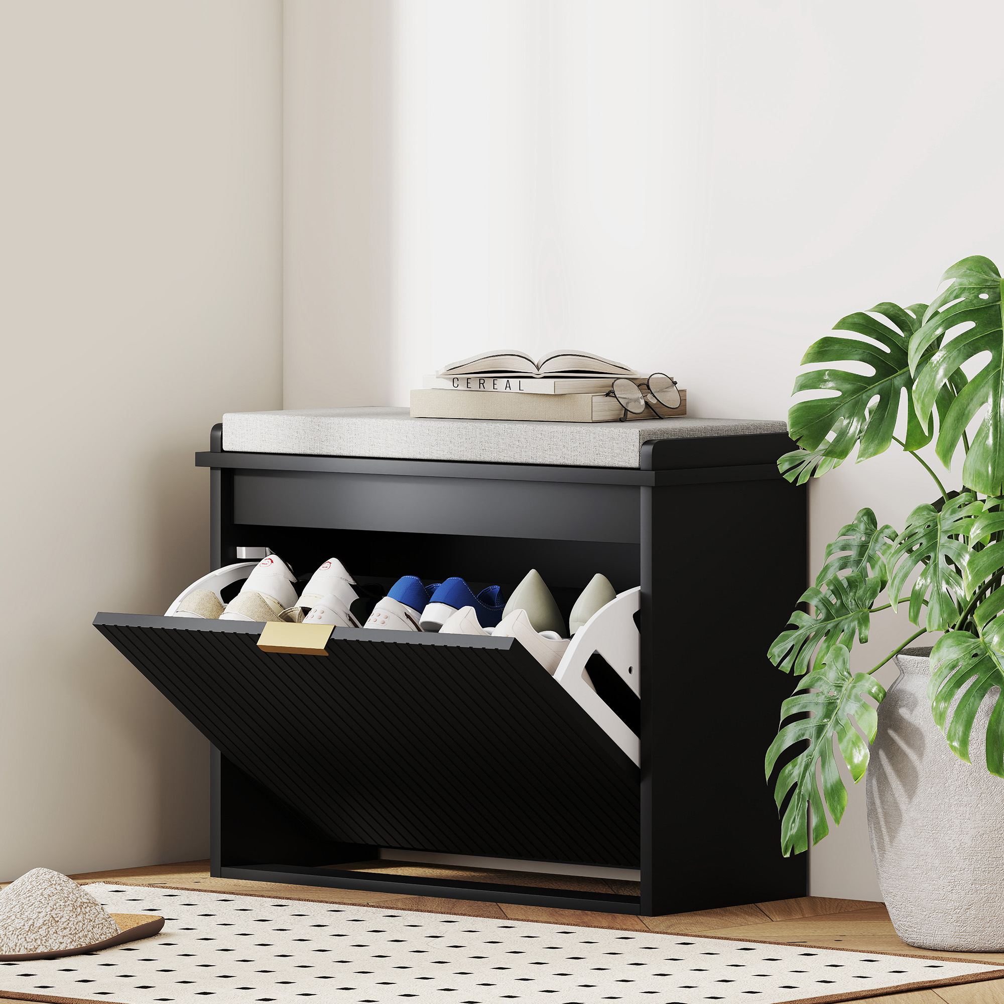 Banco zapatero con asiento acolchado y cajón abatible, 24.4 x 10.2 x 18.7 pulgadas, negro